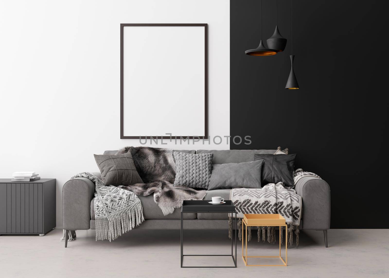 Empty vertical picture frame on white wall in modern living room. Mock up interior in minimalist, contemporary style. Free, copy space for your picture. Sofa, table, lamps. 3D rendering. by creativebird