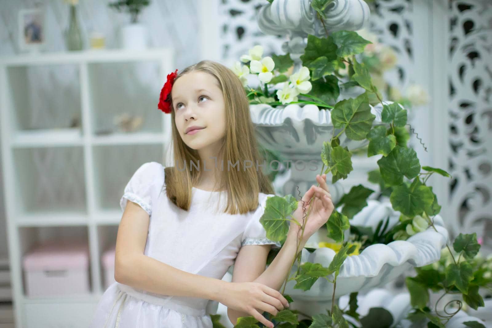 Romantic teen girl in beautiful environment. Dreamer. Little girl dreams of love by Sviatlana