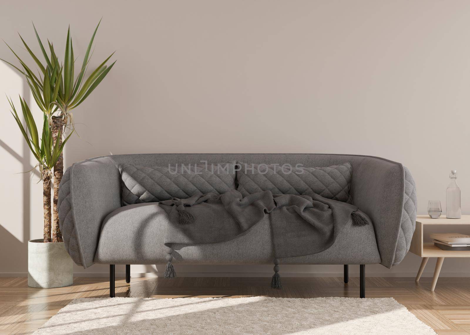 Empty cream wall in modern living room. Mock up interior in scandinavian style. Free, copy space for your picture, text, or another design. Sofa, table, plant. 3D rendering. by creativebird
