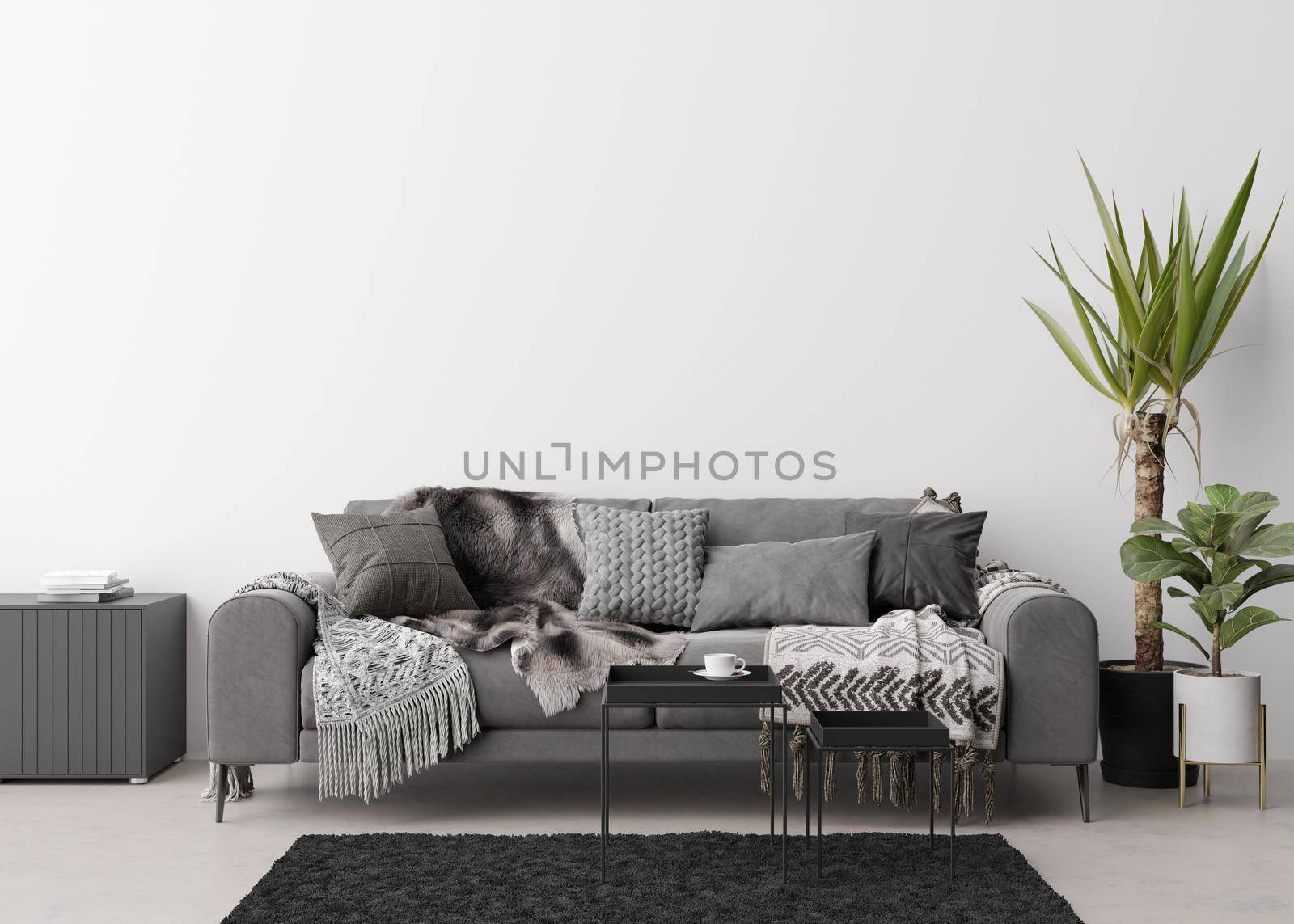 Empty white wall in modern living room. Mock up interior in contemporary, scandinavian style. Free, copy space for picture, poster, text, or another design. Sofa, table, plants. 3D rendering. by creativebird