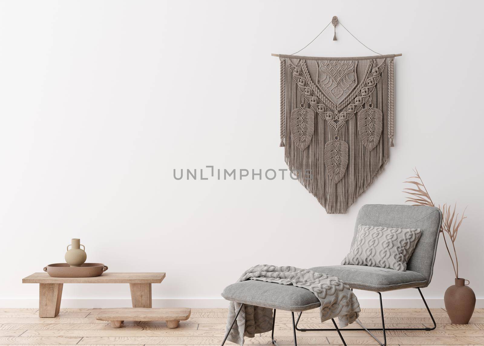 Empty white wall in modern living room. Mock up interior in scandinavian, boho style. Free, copy space for your picture, text, or another design. Armchair, macrame, vase with dried grass. 3D rendering by creativebird