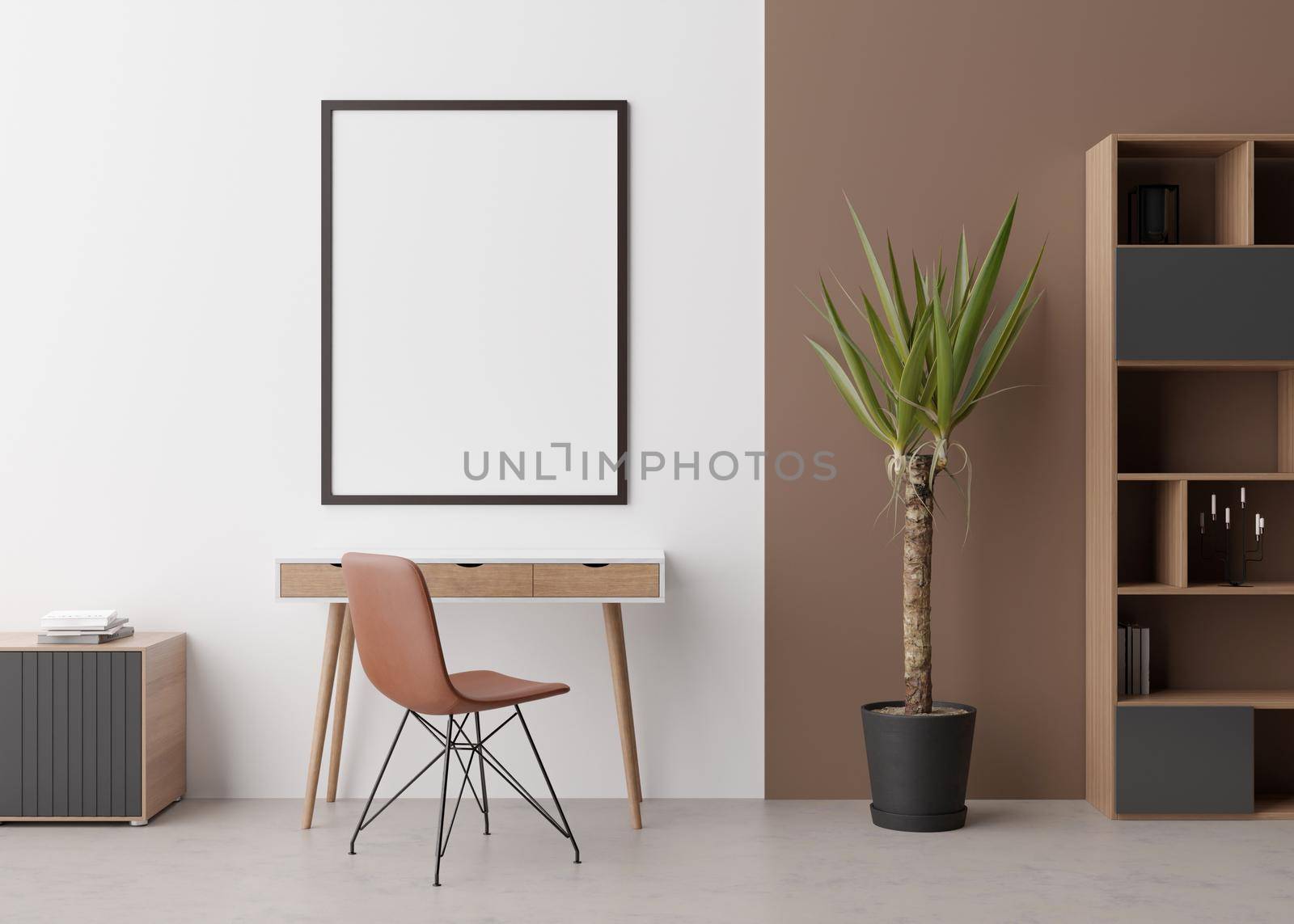 Empty vertical picture frame on white wall in modern room. Mock up interior in minimalist, contemporary style. Free, copy space for your picture, poster. Desk, chair, sideboard, plant. 3D rendering. by creativebird