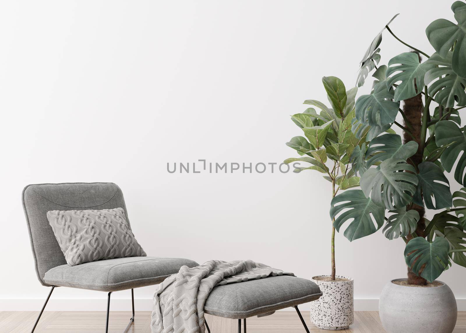 Empty white wall in modern living room. Mock up interior in contemporary, scandinavian style. Free, copy space for picture, poster, text, or another design. Armchair, plants. 3D rendering. by creativebird