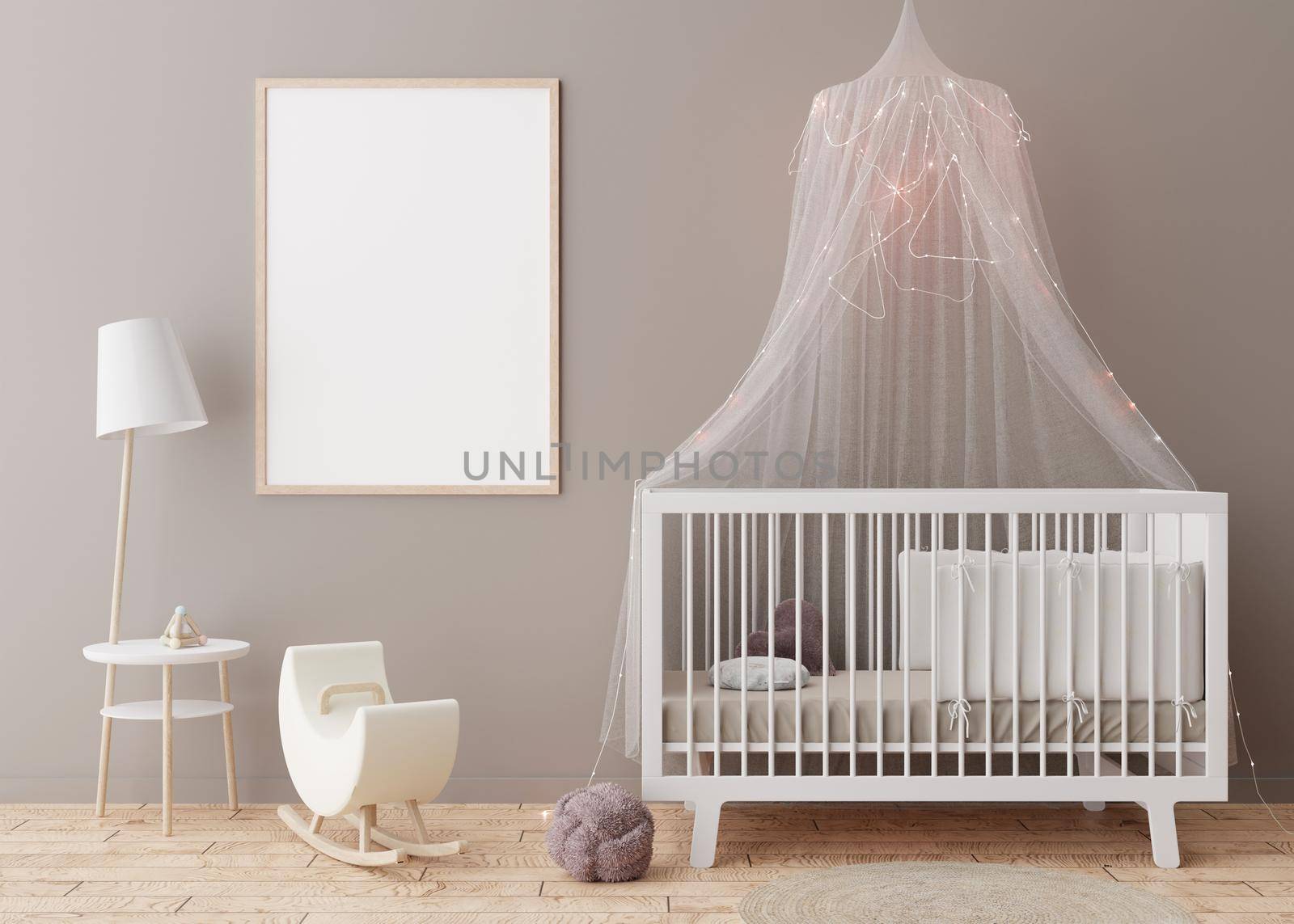 Empty vertical picture frame on grey wall in modern child room. Mock up interior in scandinavian style. Free, copy space for your picture. Baby bed, table. Cozy room for kids. 3D rendering