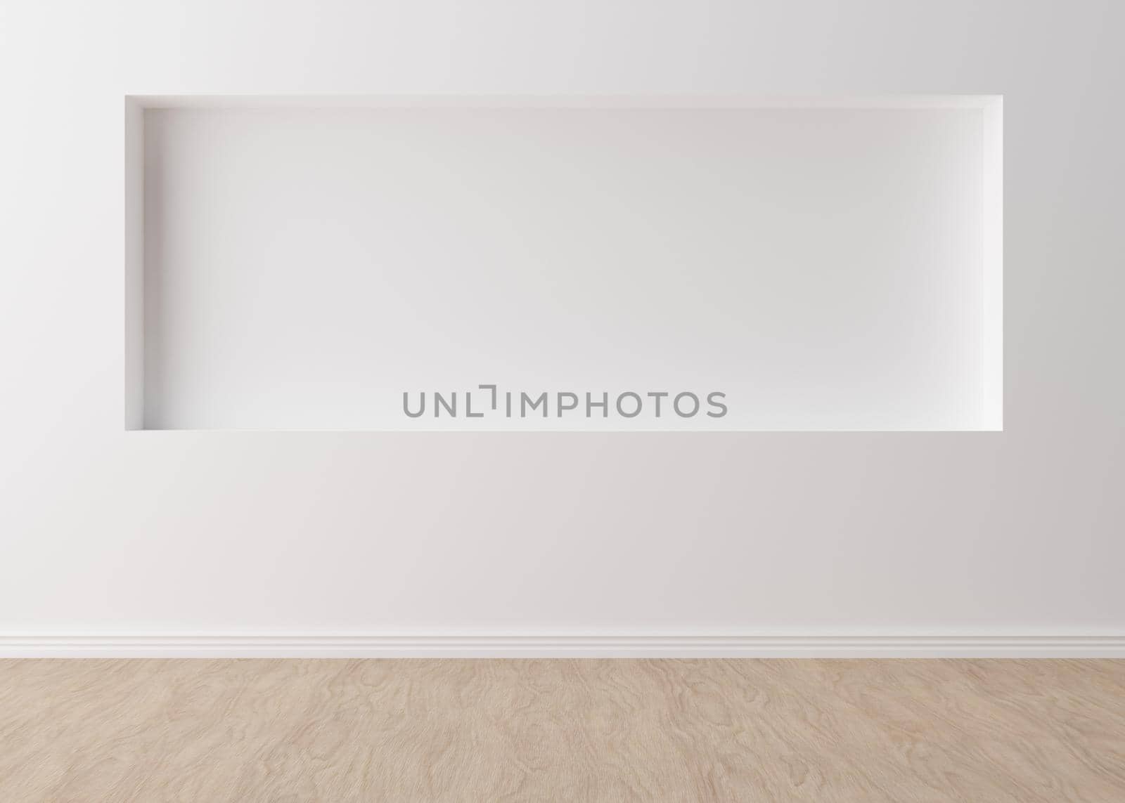 Empty room, white wall and parquet floor. Only wall and floor. Mock up interior. Free, copy space for your furniture, picture and other objects. 3D rendering