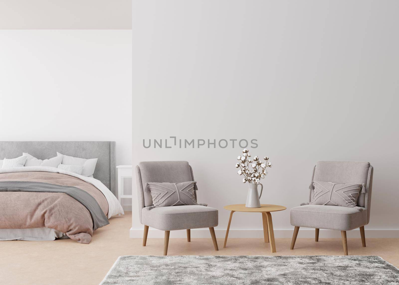 Empty white wall in modern and cozy bedroom. Mock up interior in minimalist, contemporary style. Free, copy space for your picture, text, or another design. Bed, armchairs, cotton plant. 3D rendering