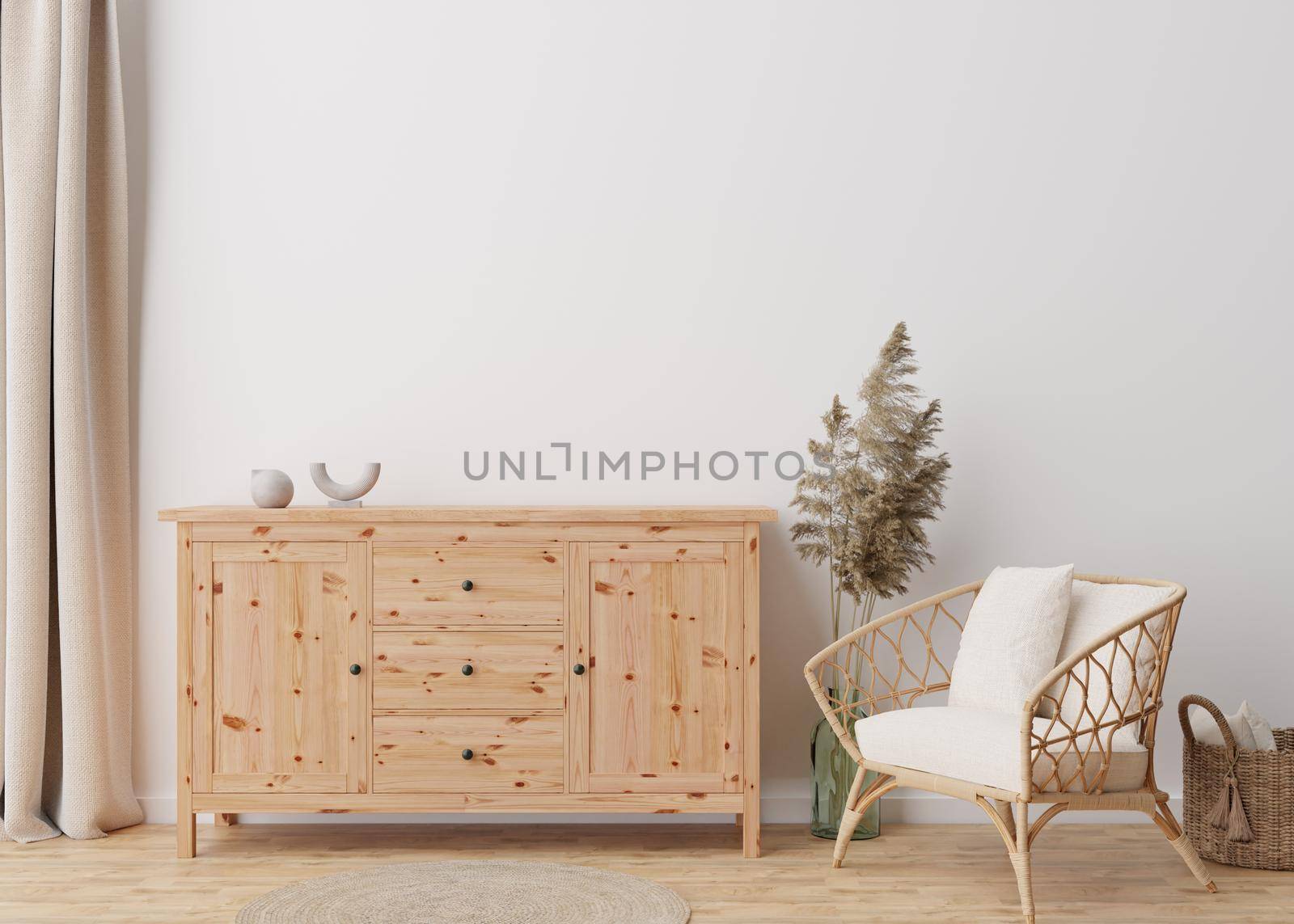 Empty white wall in modern living room. Mock up interior in scandinavian, boho style. Free, copy space for your picture, text or another design. Sideboard, rattan armchair, pampas grass. 3D rendering