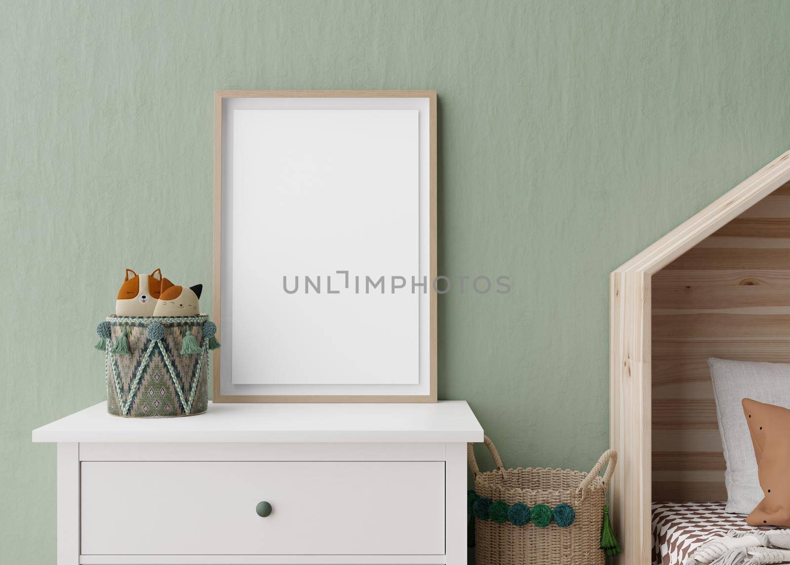 Empty vertical picture frame on green wall in modern child room. Mock up interior in scandinavian style. Free, copy space for your picture. Console, rattan basket. Cozy room for kids. 3D rendering