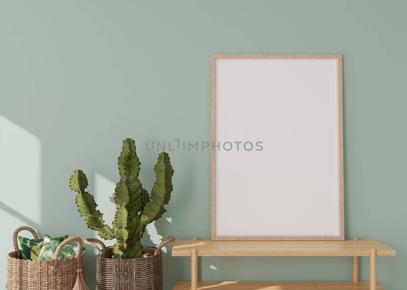 Empty vertical picture frame on light green wall in modern living room. Mock up interior in contemporary style. Free, copy space for picture. Rattan basket, cactus. 3D rendering