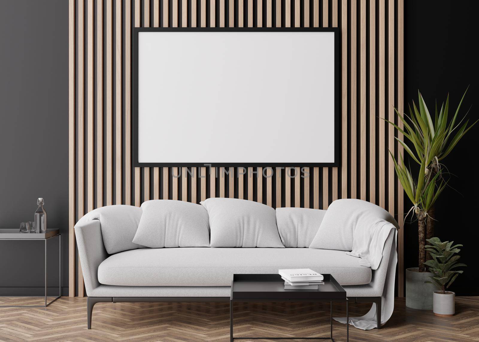 Empty black picture frame on wooden wall in modern living room. Mock up interior in contemporary style. Free space, copy space for your picture, poster. Sofa, table, plants. 3D rendering