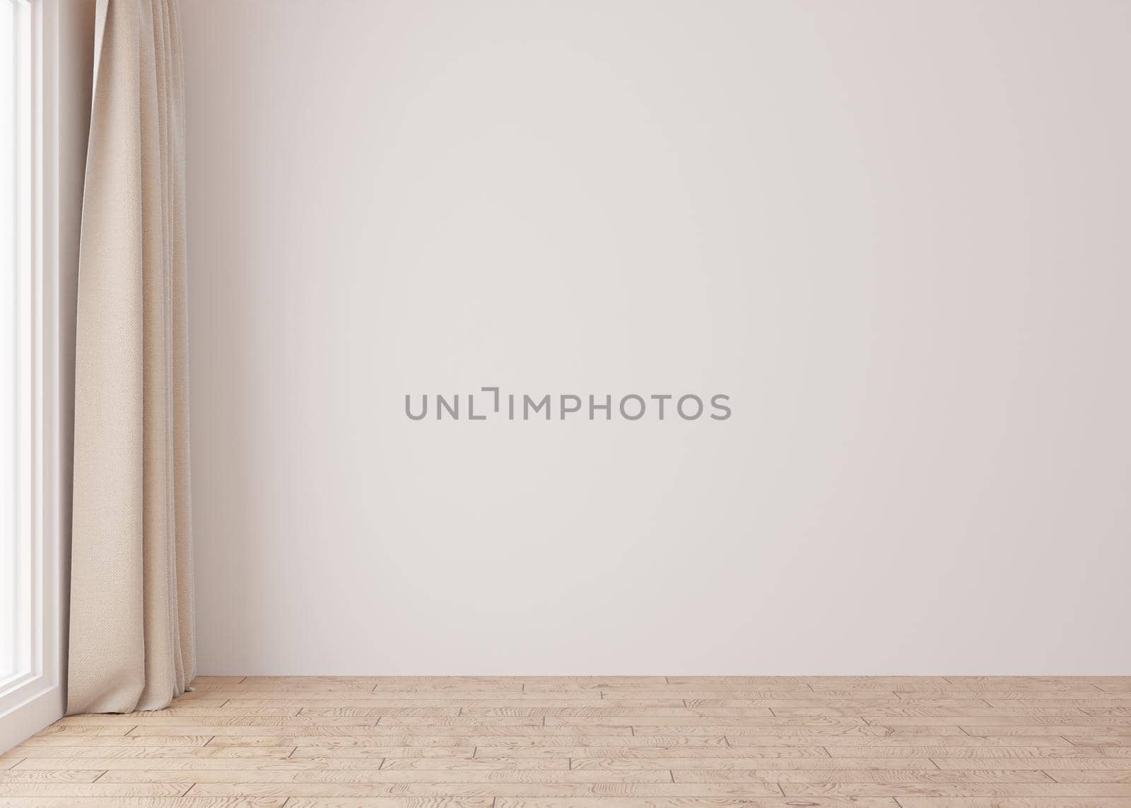 Empty room, white wall and parquet floor. Only wall and floor. Mock up interior. Free, copy space for your furniture, picture and other objects. 3D rendering