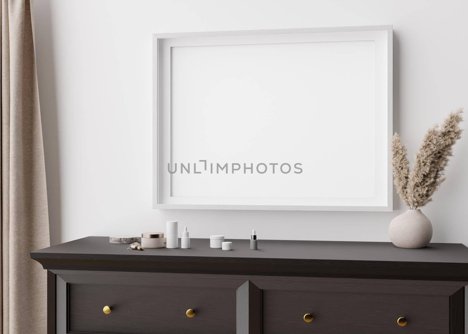Empty picture frame on white wall in modern bedroom. Mock up interior in contemporary style. Close up view. Free space for your picture, poster. Console, vase, pampas grass, cosmetic. 3D rendering