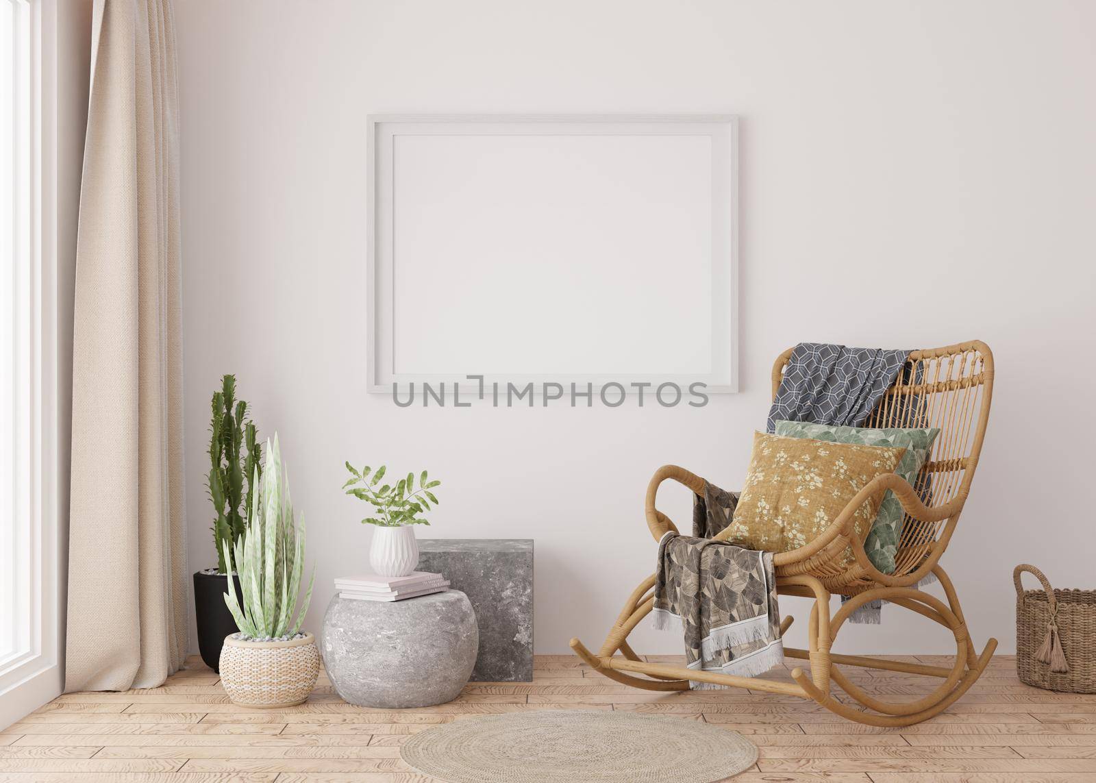 Empty horizontal picture frame on white wall in modern living room. Mock up interior in boho style. Free, copy space for your picture, poster. Rattan armchair, plants, wooden floor. 3D rendering