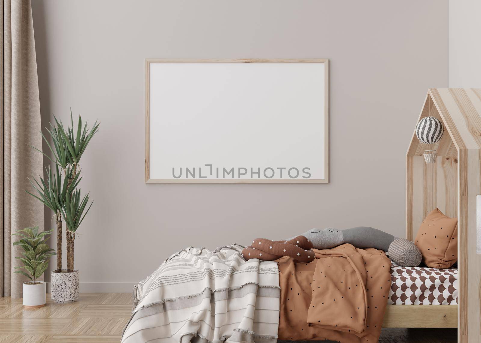 Empty horizontal picture frame on cream wall in modern child room. Mock up interior in scandinavian style. Free, copy space for your picture, poster. Bed, toys. Cozy room for kids. 3D rendering