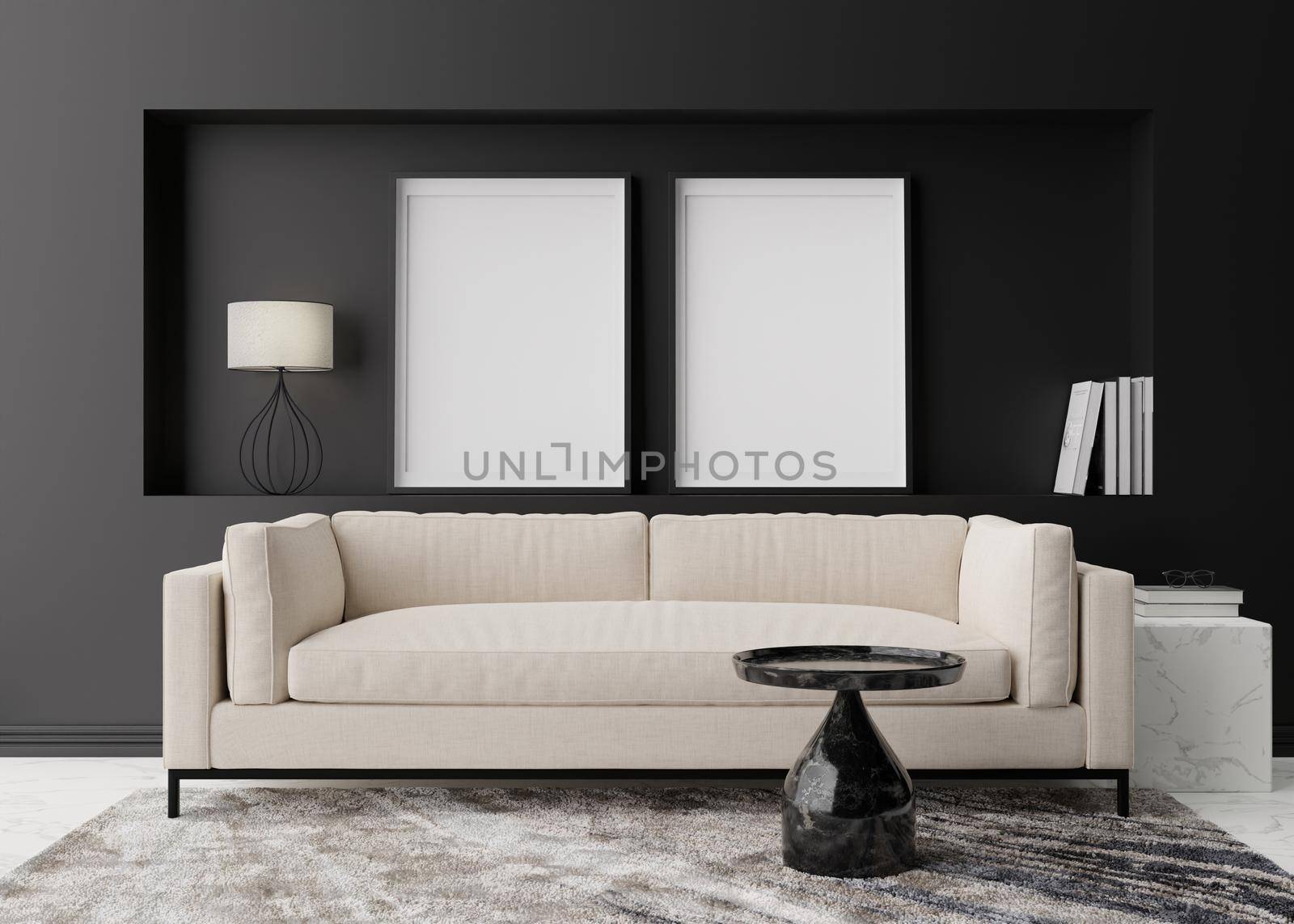 Two empty vertical picture frames on black wall in modern living room. Mock up interior in contemporary style. Free space for picture, poster. Sofa, table, carpet. 3D rendering