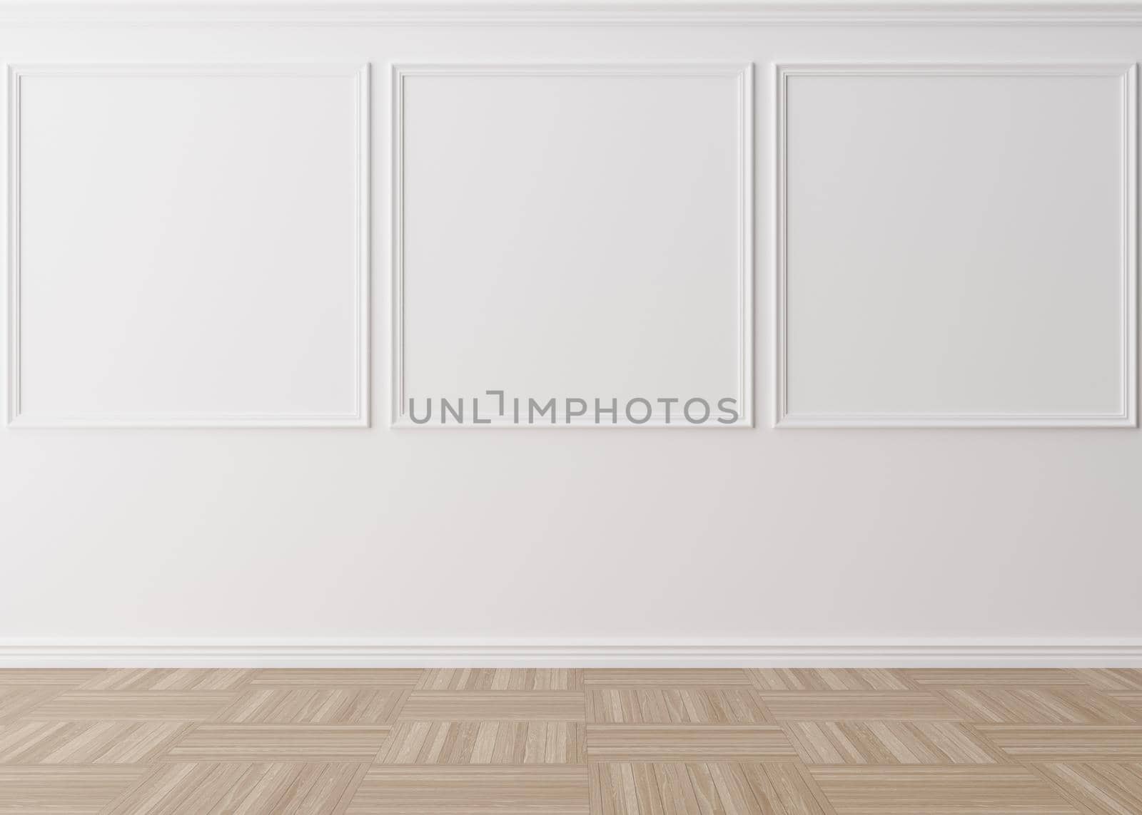 Empty room, white wall with moldings and parquet floor. Only wall and floor. Mock up interior. Free, copy space for your furniture, picture and other objects. 3D rendering