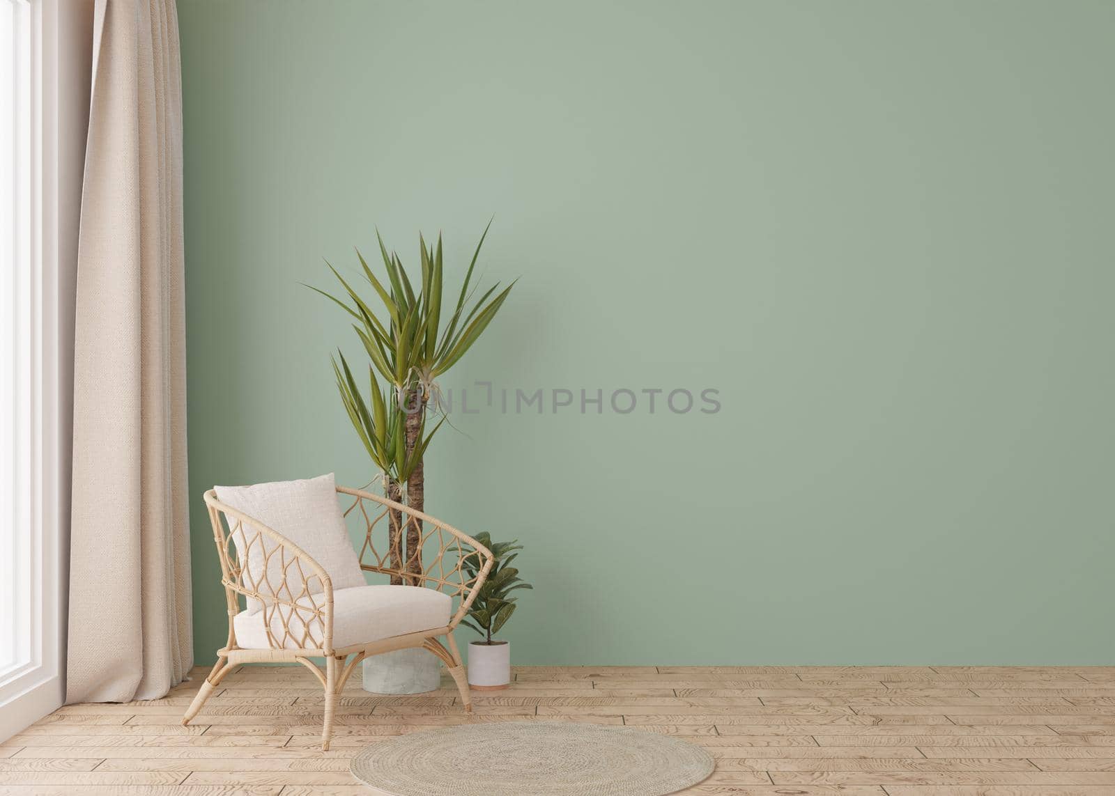Room with parquet floor, light green wall and empty space. Rattan armchair, plant. Mock up interior. Free, copy space for your furniture, picture, decoration and other objects. 3D rendering