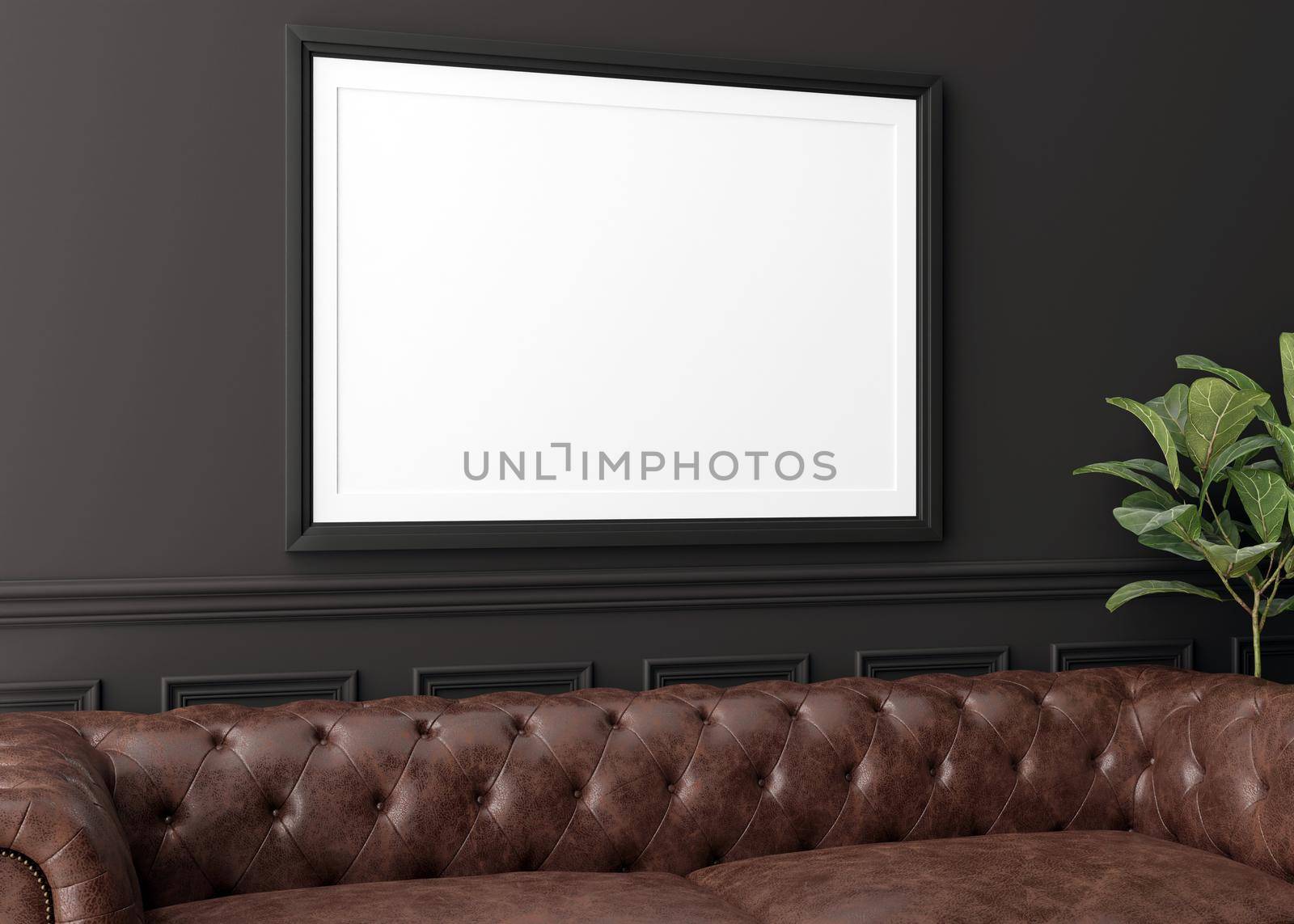 Empty horizontal picture frame on dark wall in modern living room. Mock up interior in contemporary style. Free, copy space for your picture, poster. Brown leather sofa, plant. 3D rendering