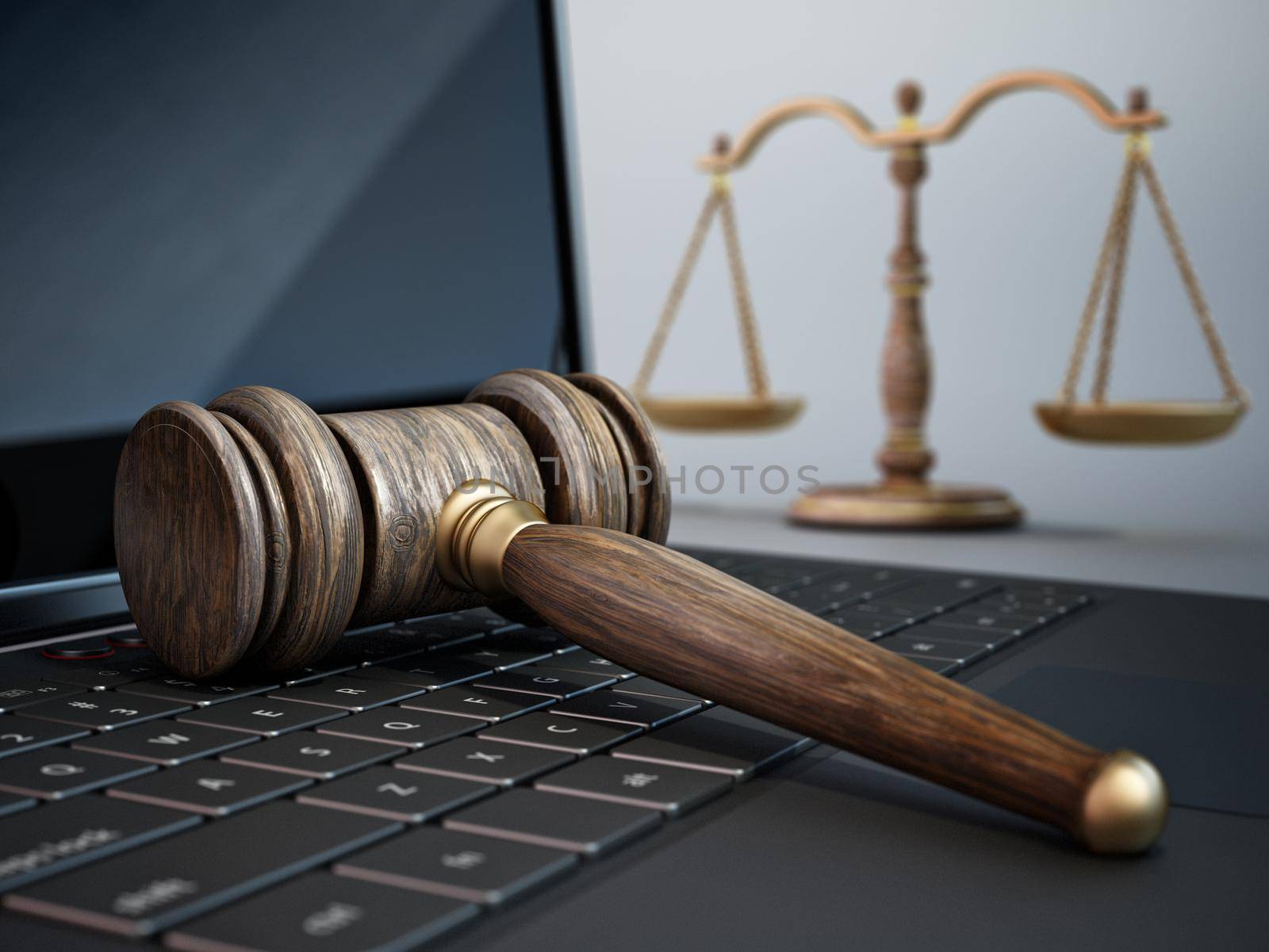 Judge gavel and balanced scale standing on laptop computer keyboard. 3D illustration.