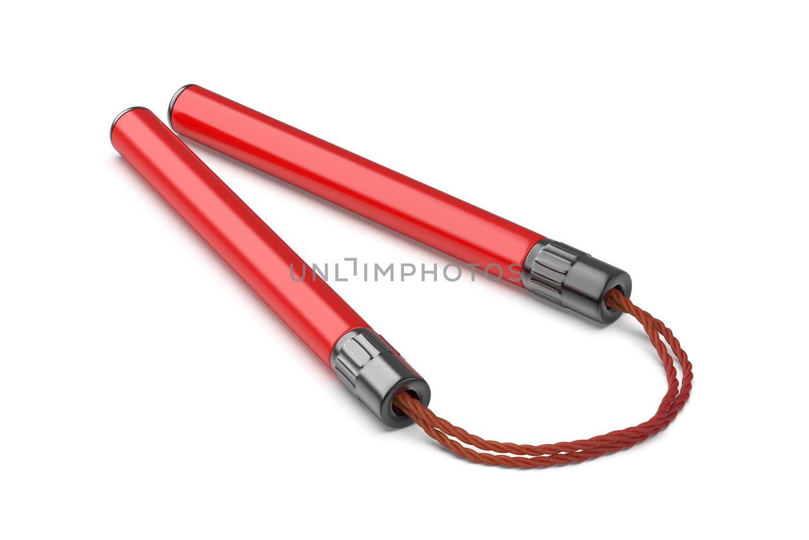 Red nunchaku with cord on white background