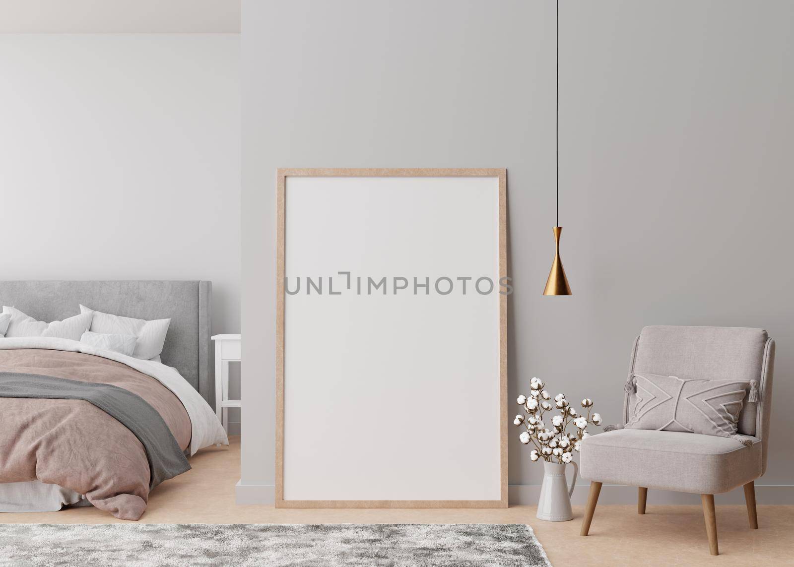 Empty vertical picture frame standing on the floor in modern bedroom. Mock up interior in contemporary style. Free space for picture or poster. Bed, armchair, cotton plant. 3D rendering