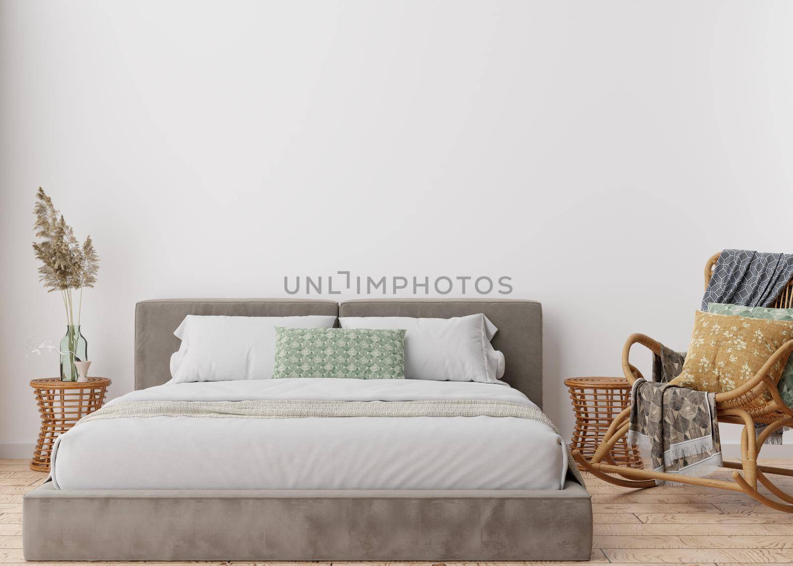 Empty white wall in modern bedroom. Mock up interior in scandinavian, boho style. Free, copy space for your picture, text, or another design. Bed, rattan armchair, pampas grass. 3D rendering
