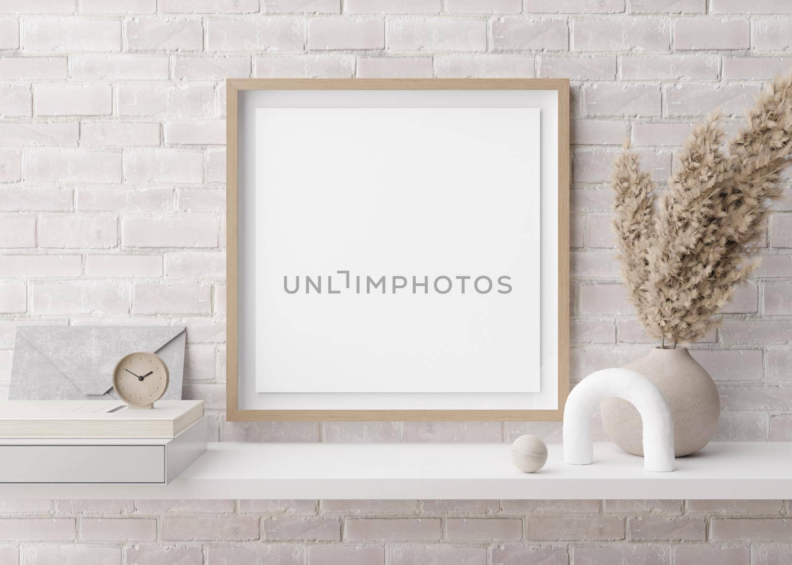 Empty square picture frame on white brick wall in modern room. Mock up interior in contemporary style. Free, copy space for picture. Pampas grass in vase, books, sculpture. 3D rendering