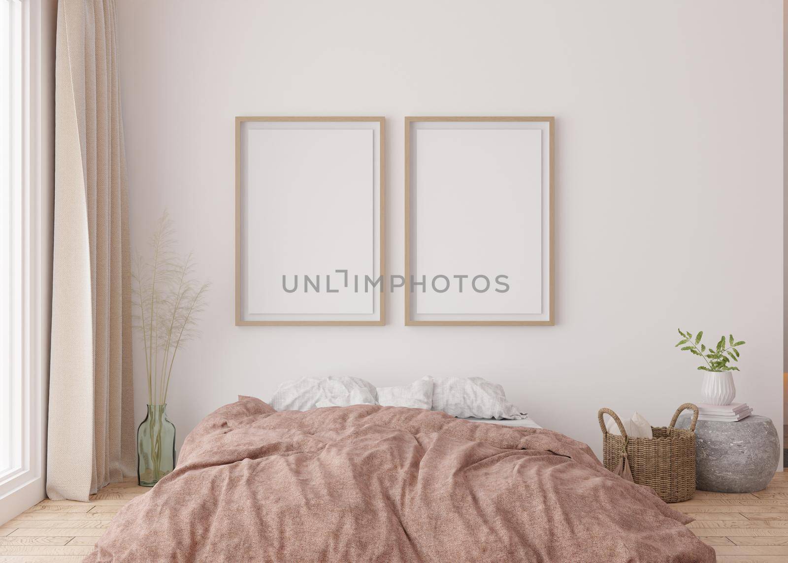 Two empty vertical picture frames on white wall in modern bedroom. Mock up interior in scandinavian, boho style. Free space for picture, poster. Bed, rattan basket, pampas grass. 3D rendering