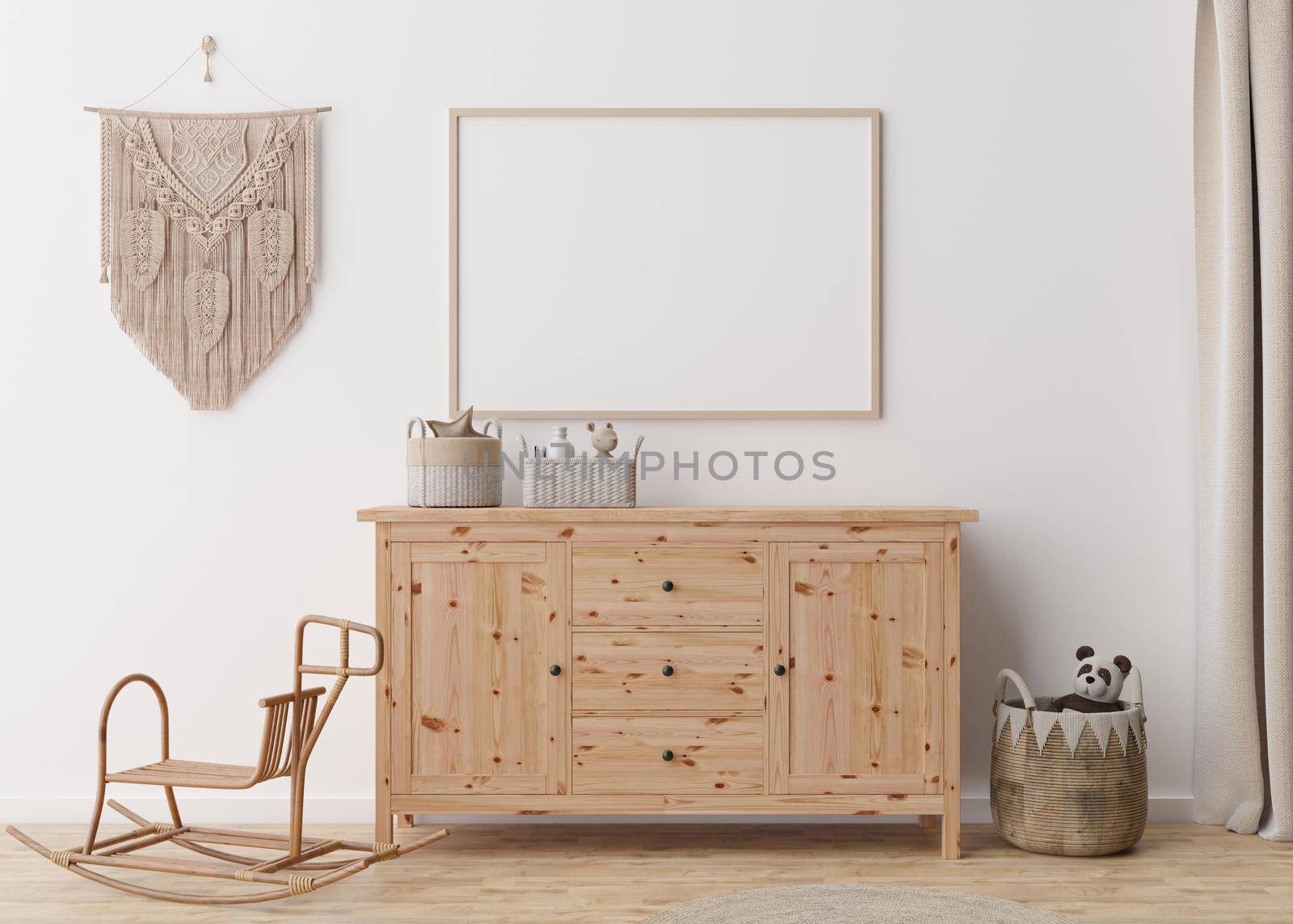 Empty horizontal picture frame on white wall in modern child room. Mock up interior in scandinavian, boho style. Free, copy space for picture. Rattan basket, macrame. Cozy room for kids. 3D rendering