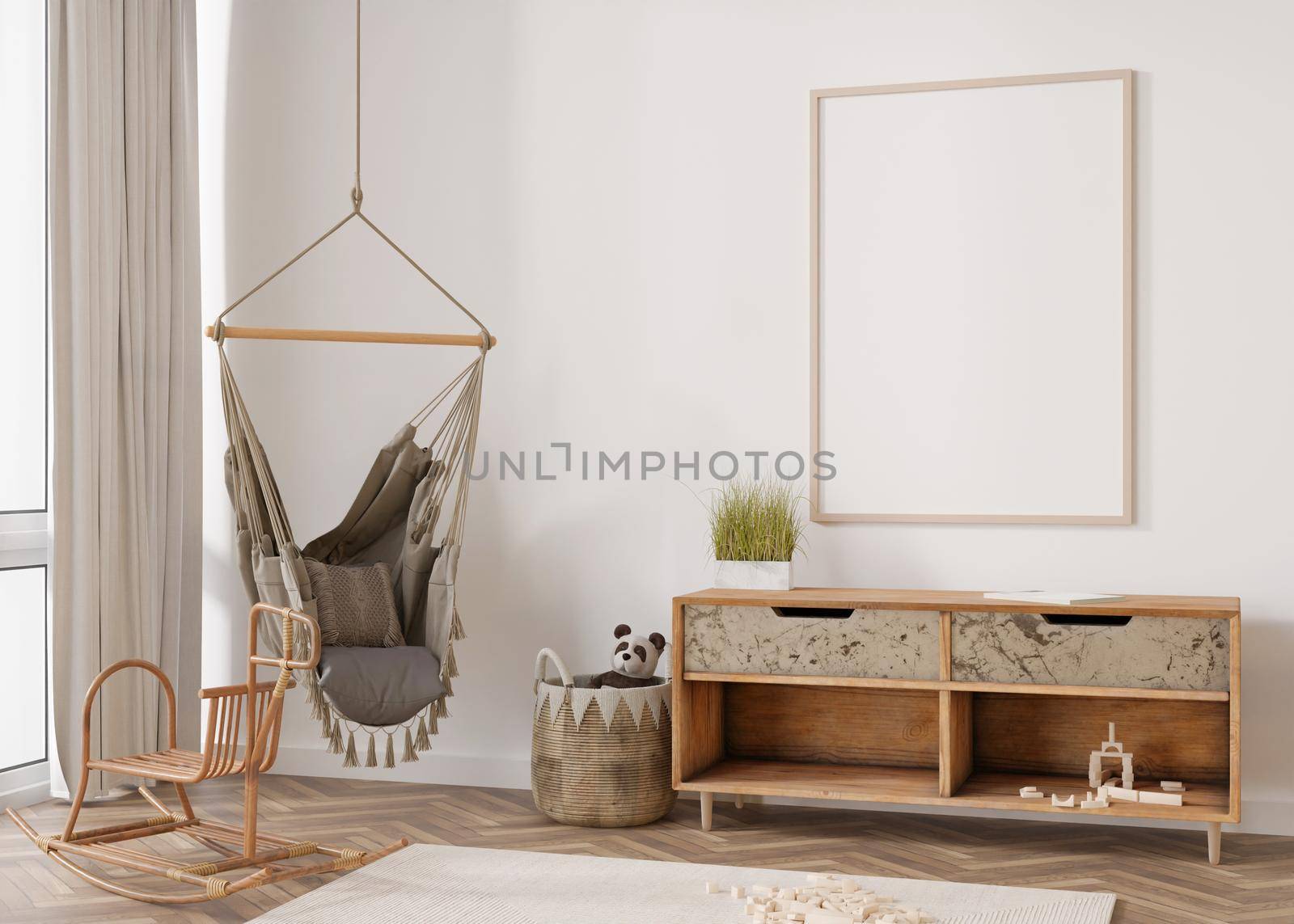Empty vertical picture frame on white wall in modern child room. Mock up interior in scandinavian, boho style. Free, copy space for your picture. Rattan details. Cozy room for kids. 3D rendering