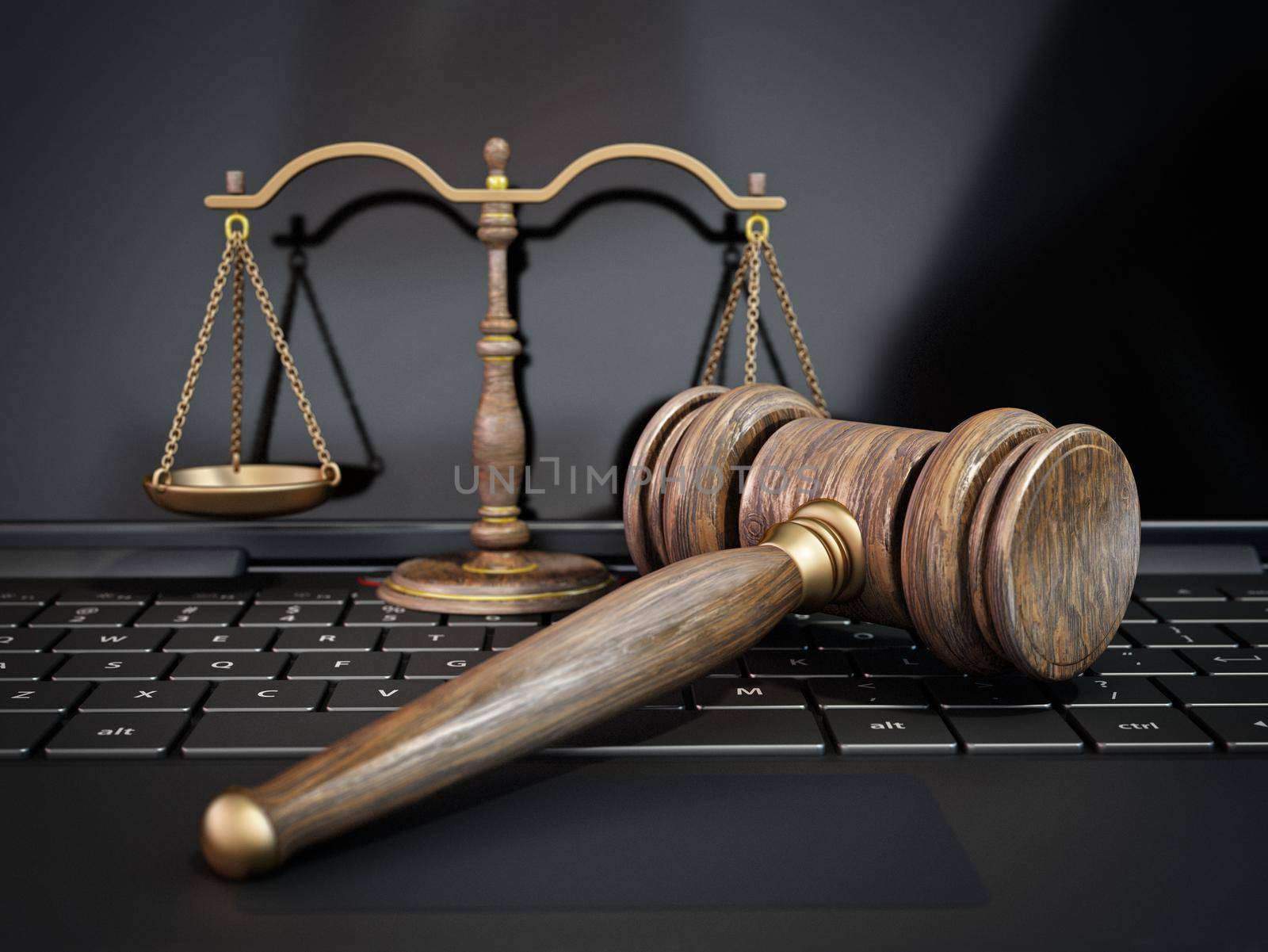 Judge gavel and balanced scale standing on laptop computer keyboard. 3D illustration.