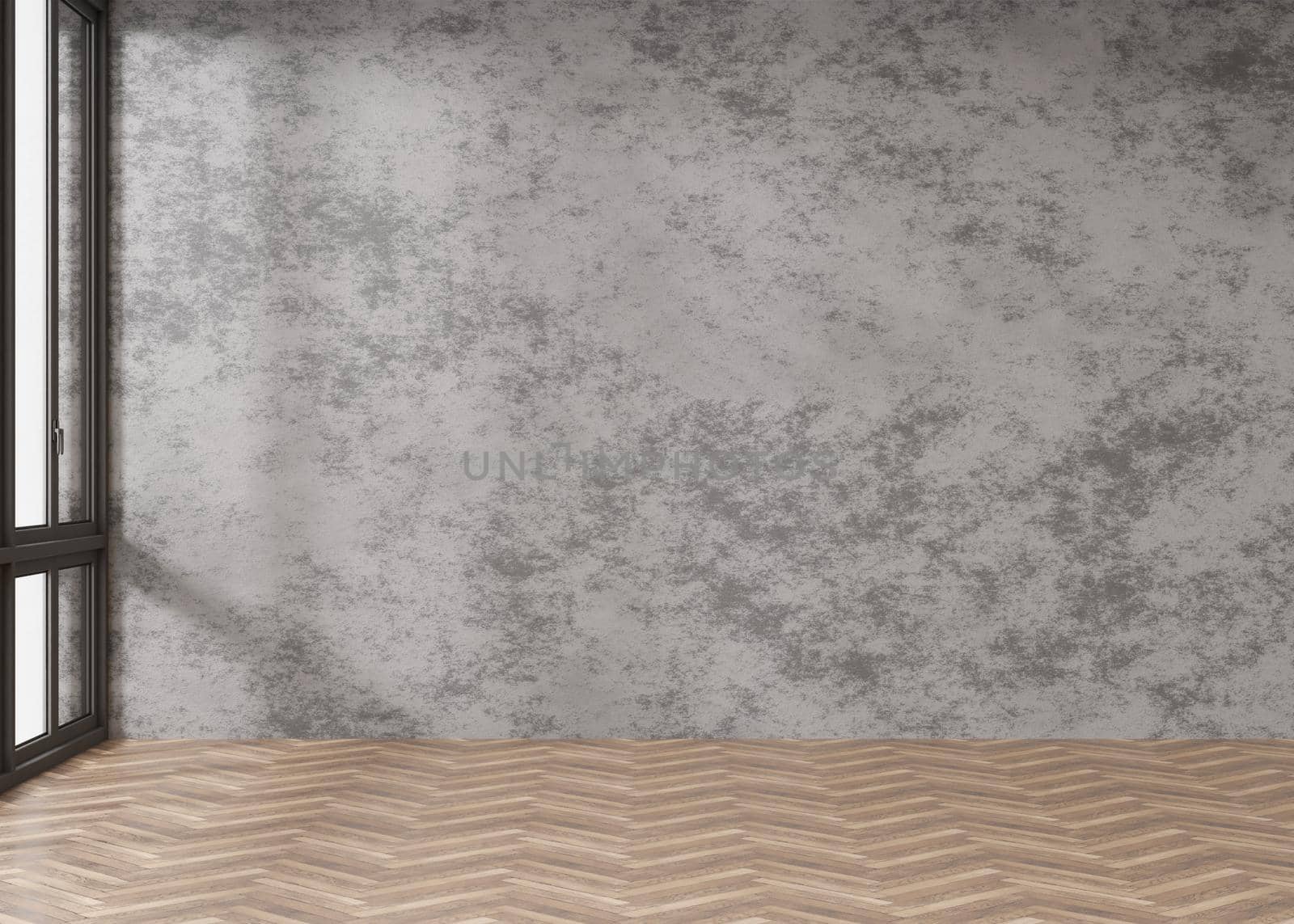 Empty room, concrete wall and parquet floor. Only wall and floor. Mock up interior. Free, copy space for your furniture, picture, decoration and other objects. 3D rendering