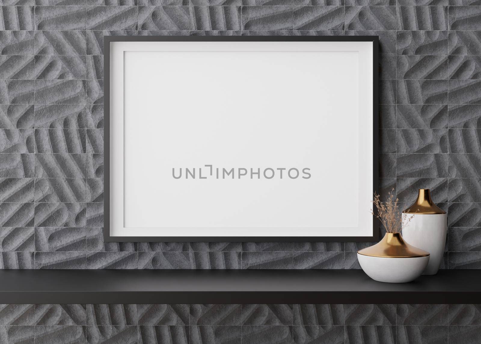 Empty horizontal picture frame on grey wall in modern living room. Mock up interior in contemporary style. Free, copy space for picture, poster. Close up. 3D rendering
