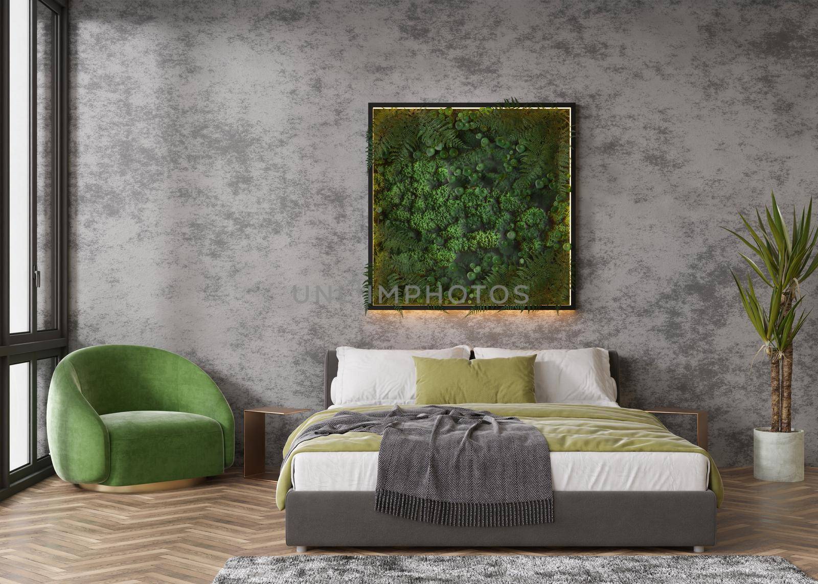 Stabilized moss hanging on the wall in modern interior. Panel of green moss. Beautiful square decoration element, made of stabilized plants: grass, moss, fern and green leaves. 3d rendering