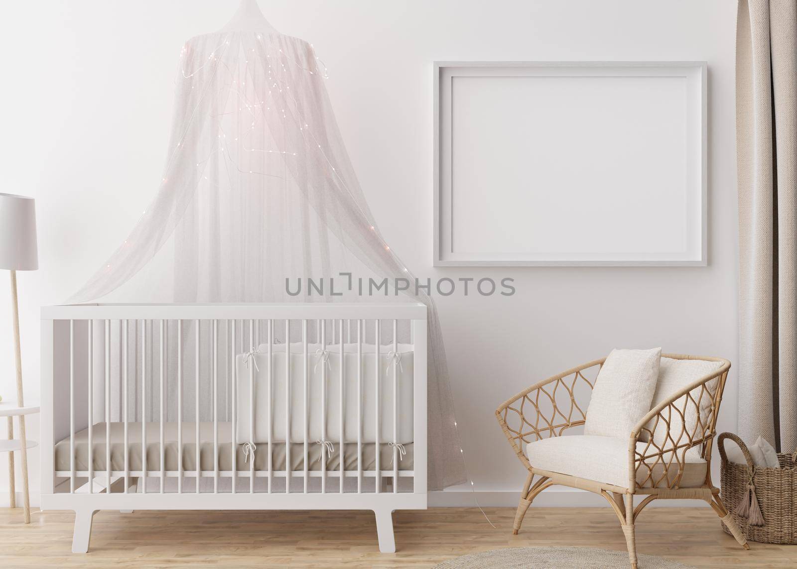Empty horizontal picture frame on white wall in modern child room. Mock up interior in scandinavian style. Free, copy space for picture. Baby bed, rattan armchair. Cozy room for kids. 3D rendering