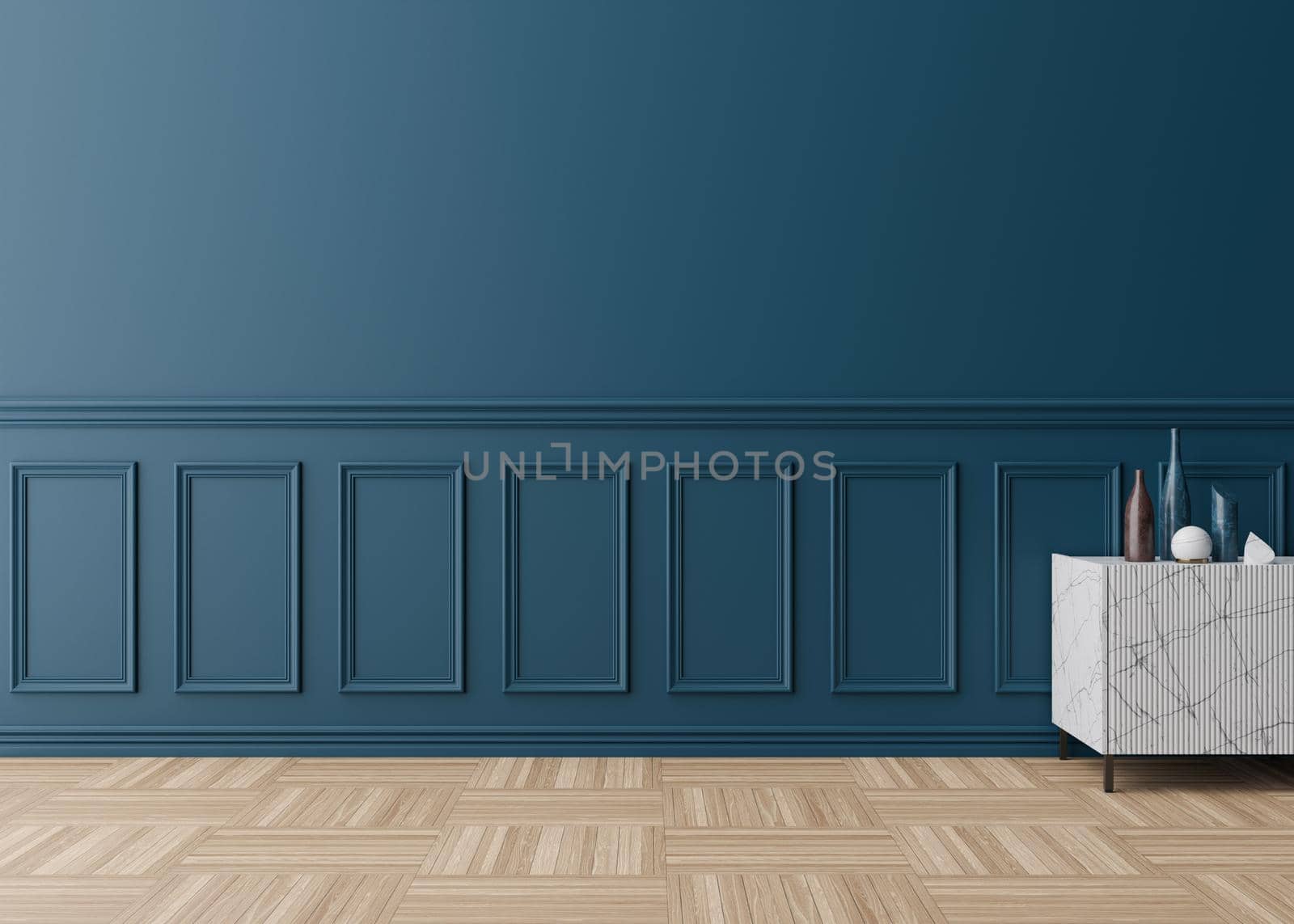 Empty room, blue wall with moldings and parquet floor. Only wall, floor and sideboard. Mock up interior. Free, copy space for your furniture, picture and other objects. 3D rendering