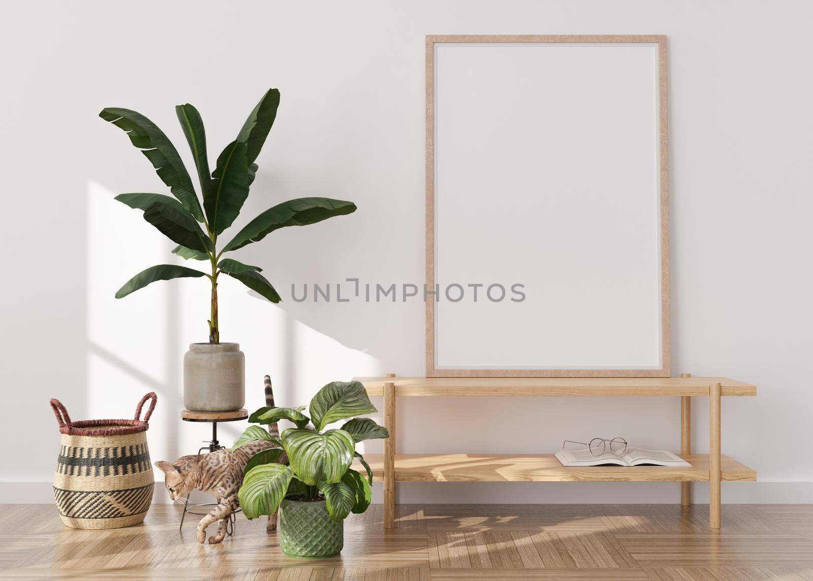 Empty vertical picture frame. Mock up interior in boho style. Free, copy space for picture or poster. Plants, rattan basket, cat. Close-up view. 3D rendering