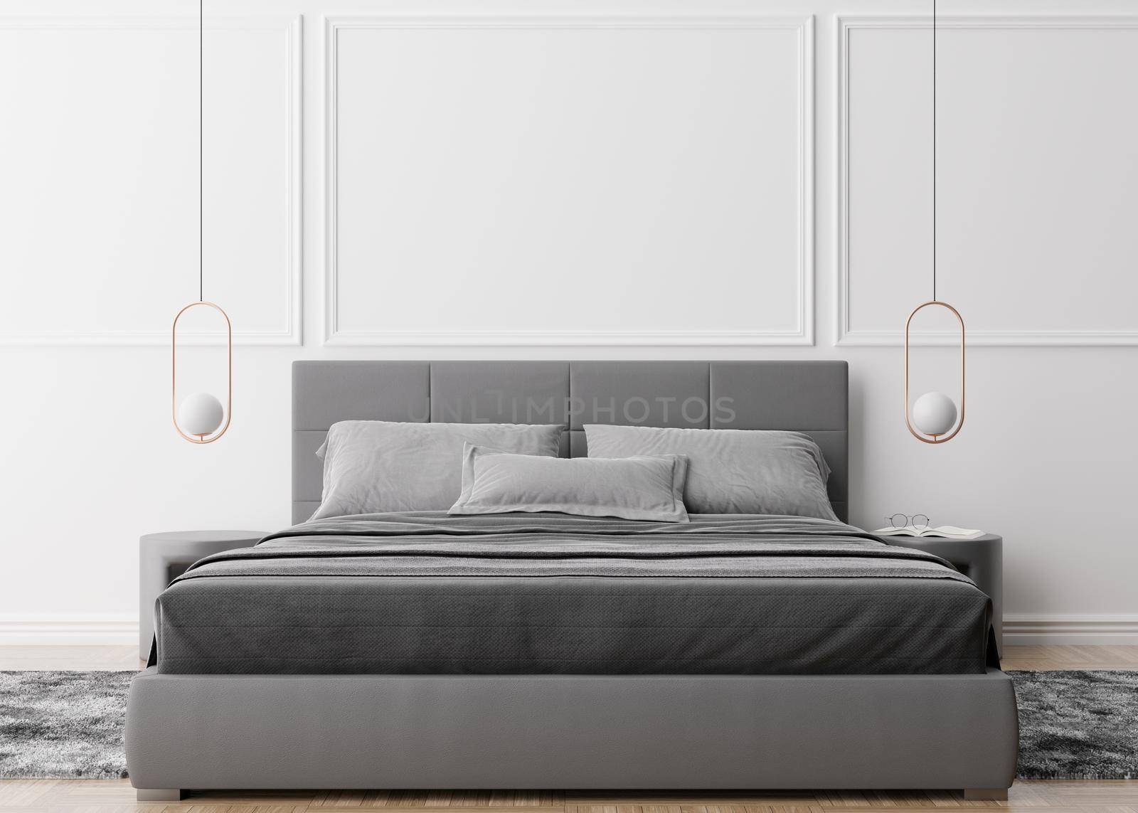 Empty white wall in modern and cozy bedroom. Mock up interior in minimalist, contemporary style. Free, copy space for your picture, text, or another design. Bed, lamps. 3D rendering
