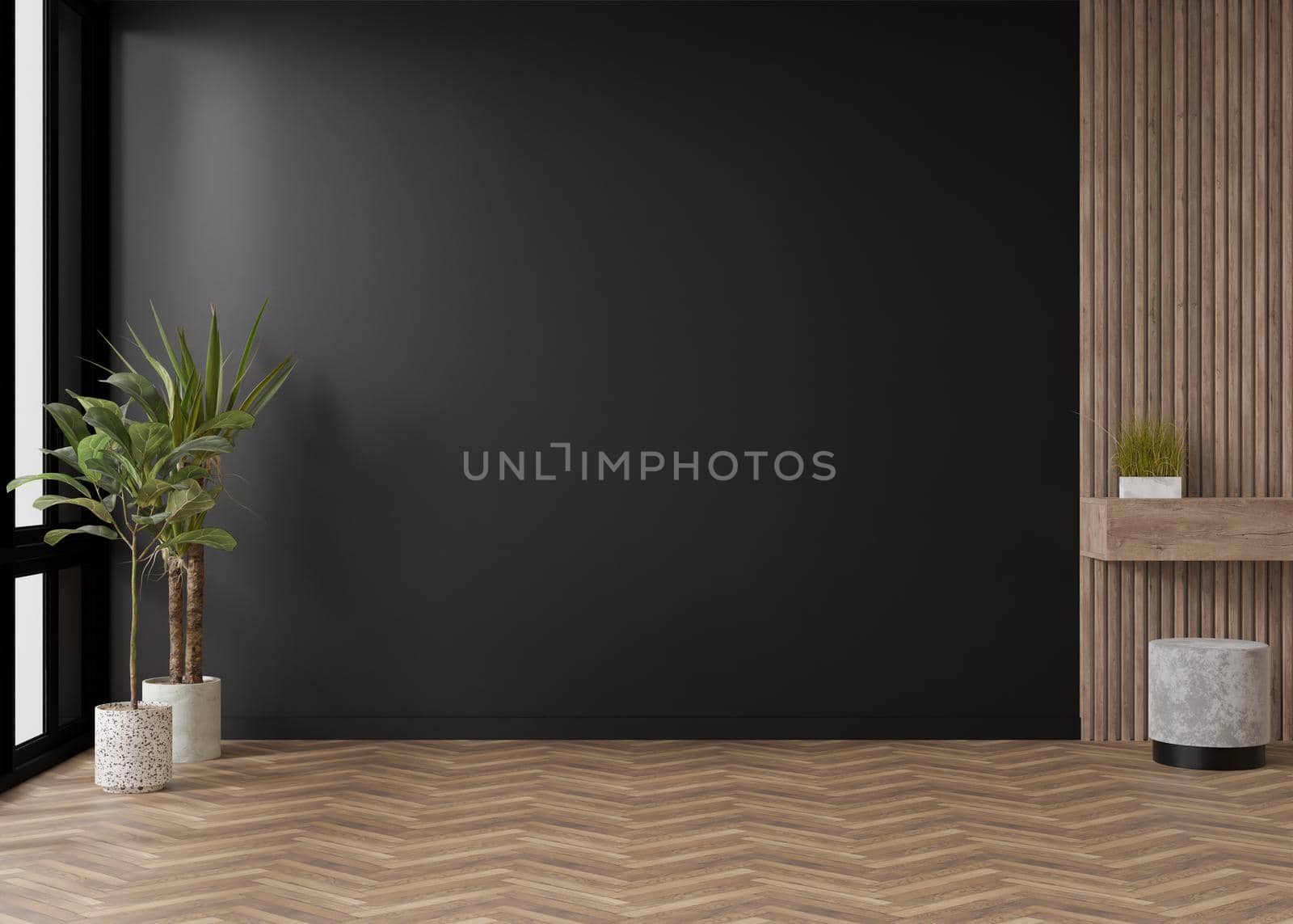 Empty room, black wall and parquet floor. Indoor plants. Mock up interior. Free, copy space for your furniture, picture and other objects. 3D rendering