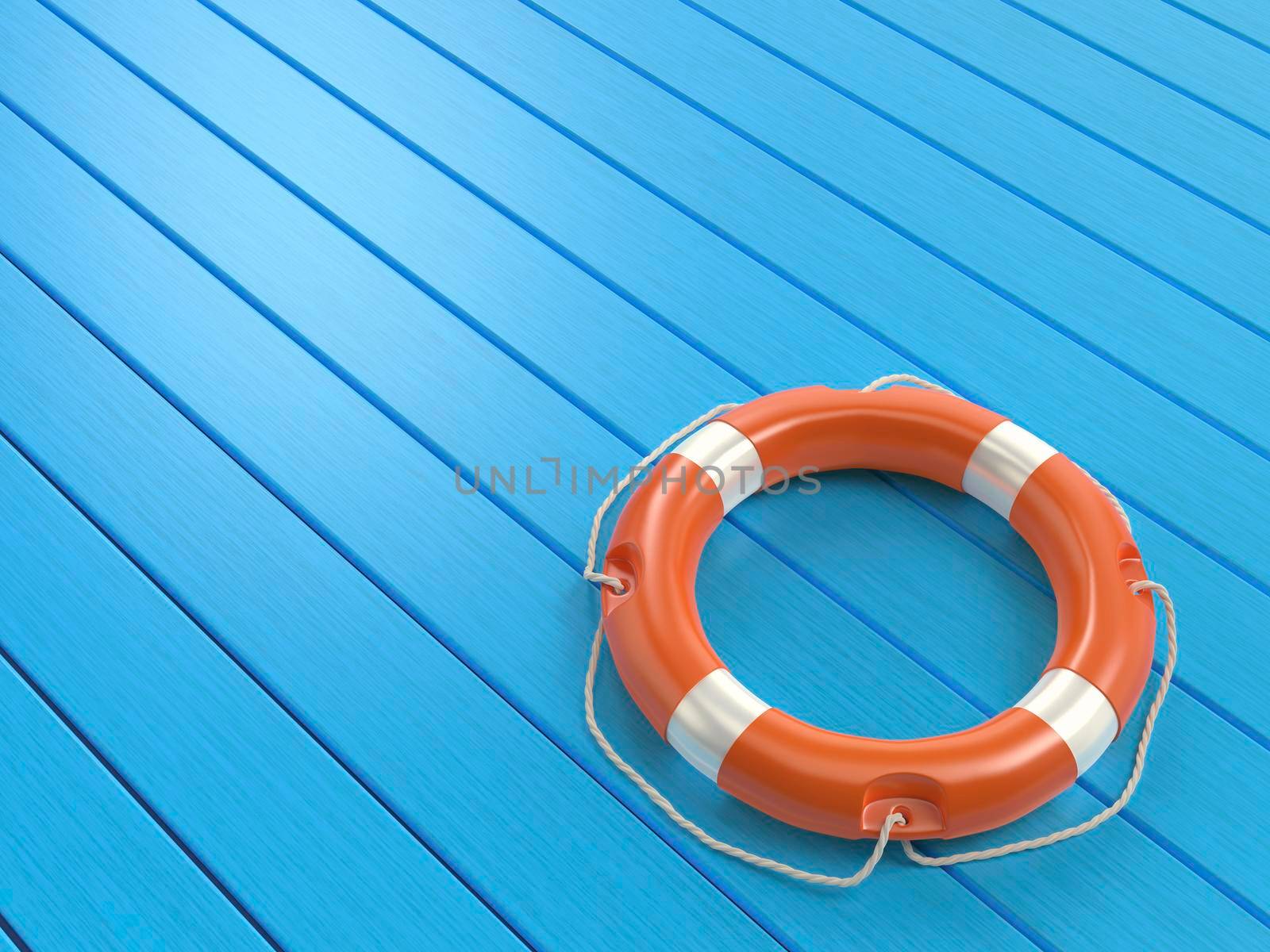 Orange lifebuoy on a blue wooden floor