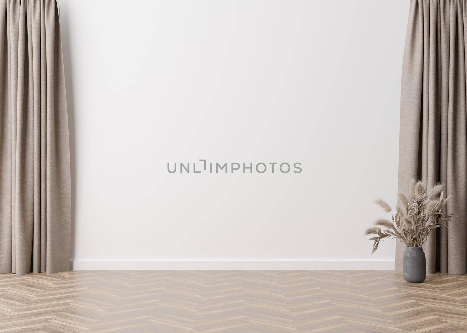 Empty room, white wall and parquet floor. Only wall, floor and vase with pampas grass. Mock up interior. Free, copy space for your furniture, picture and other objects. 3D rendering