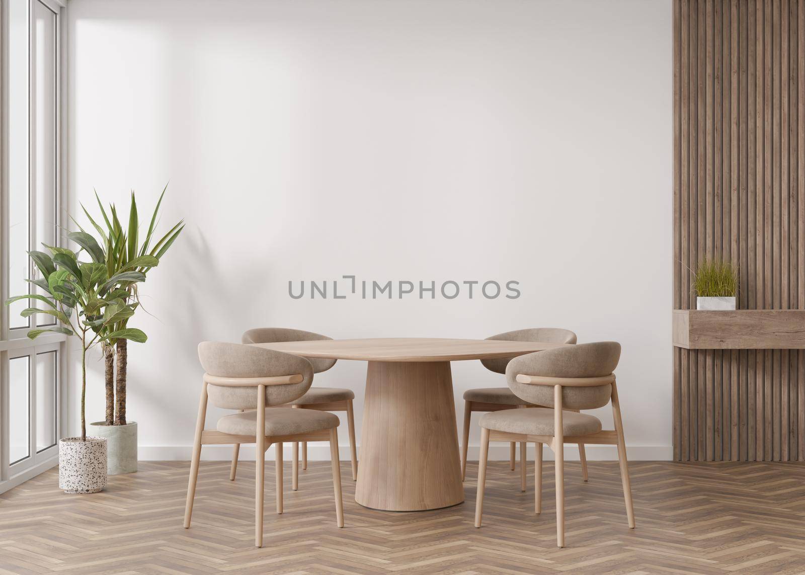 Empty white wall in modern living room. Mock up interior in scandinavian style. Free, copy space for your picture, text, or another design. Table with chairs, plants. 3D rendering