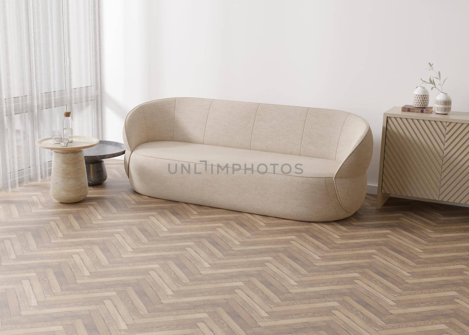 Interior mock up for carpet. Room interior in contemporary style. Top view. Free, copy space on the floor for your carpet or rug design. Modern template. 3D rendering