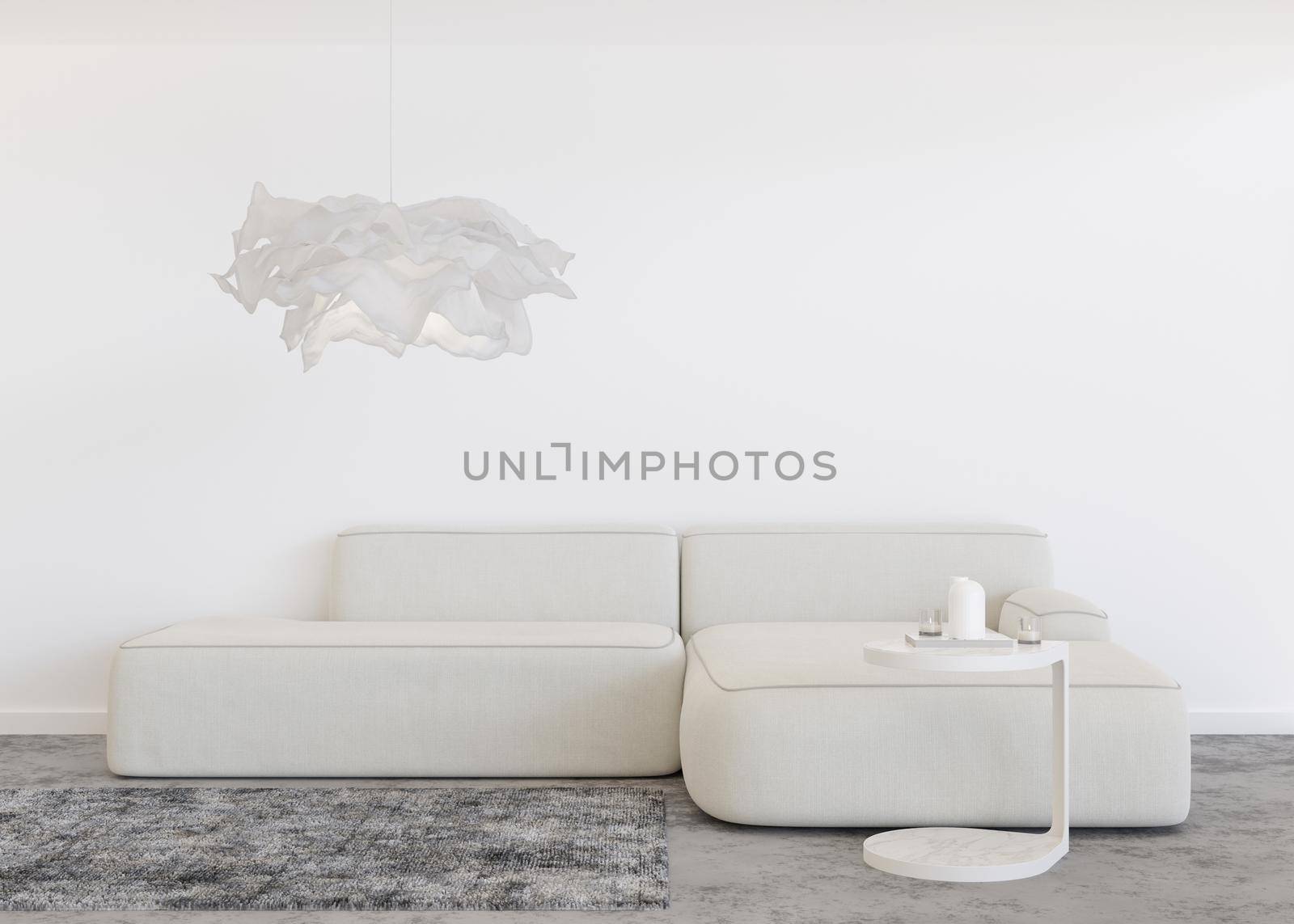 Empty white wall in modern living room. Mock up interior in contemporary style. Free, copy space for your picture, text, or another design. Sofa, carpet, table, lamp. 3D rendering