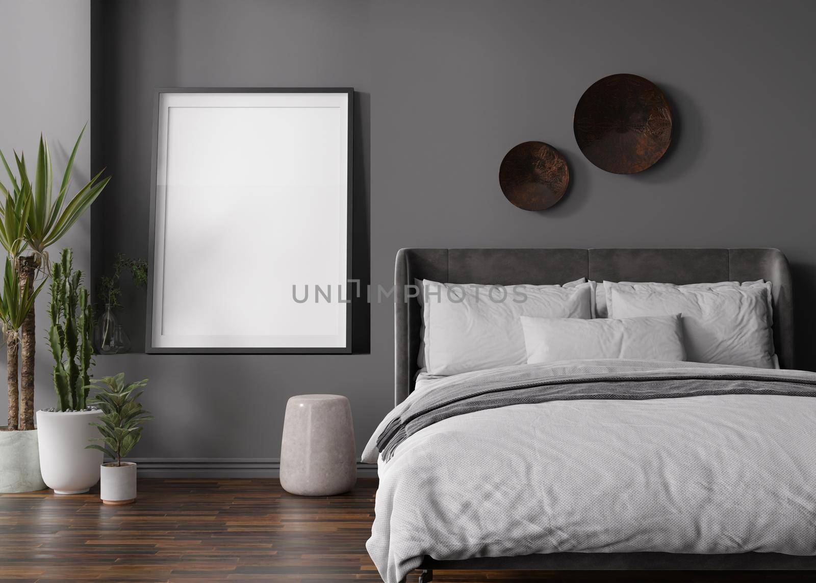 Empty vertical picture frame on grey wall in modern bedroom. Mock up interior in contemporary style. Free, copy space for your picture. Bed, plants. 3D rendering