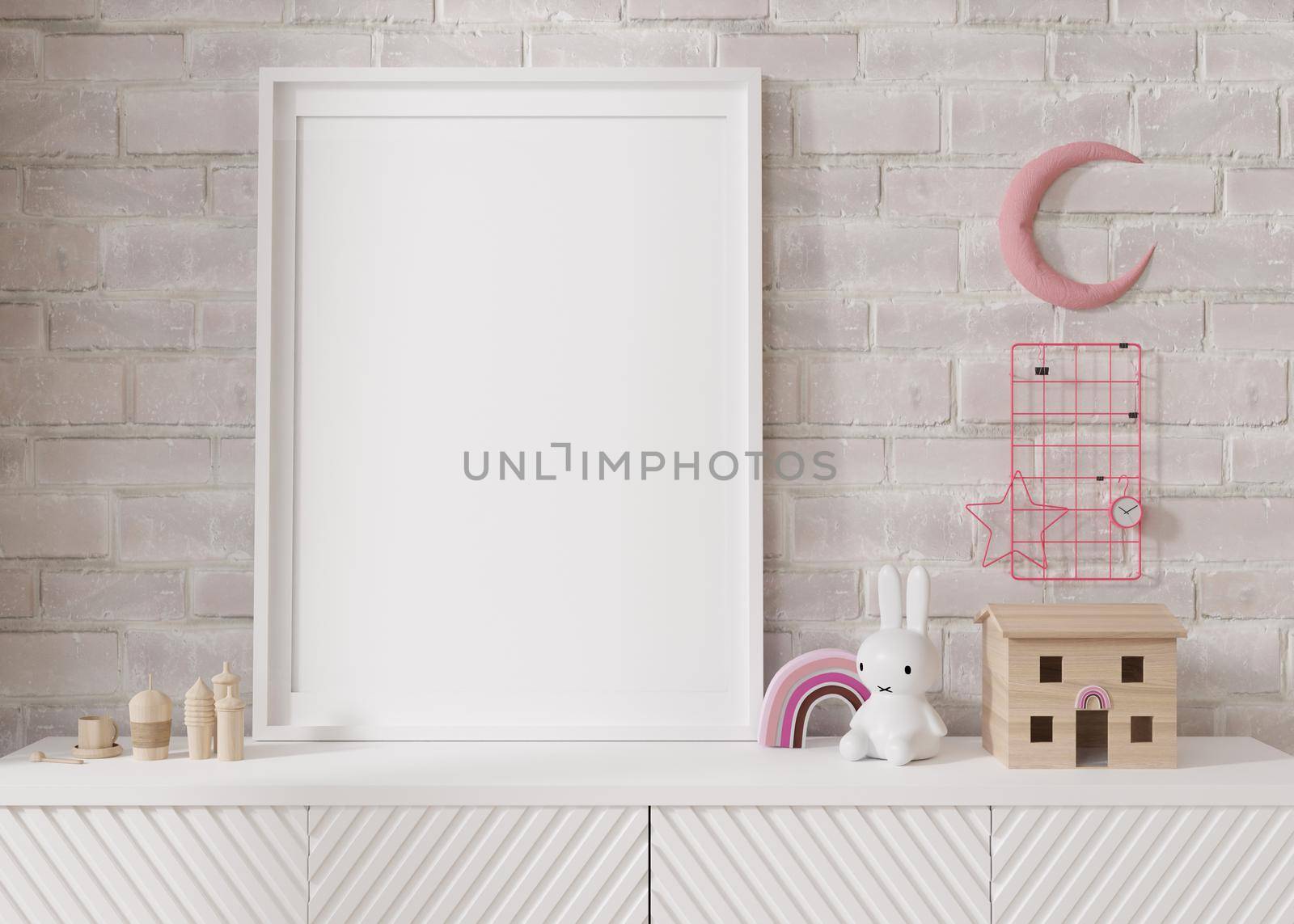 Empty vertical picture frame standing on white sideboard in modern child room. Mock up interior in scandinavian style. Free, copy space for your picture, poster. Close-up view. 3D rendering