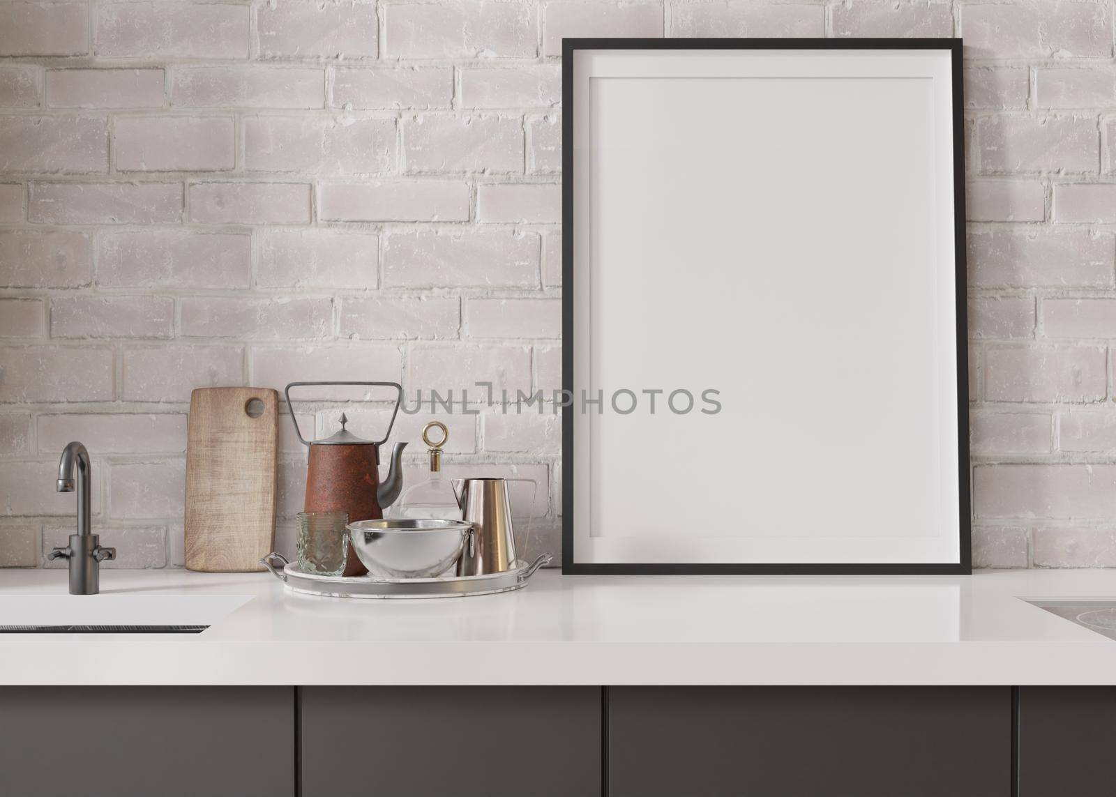 Empty vertical picture frame standing in modern kitchen. Mock up interior in minimalist, contemporary style. Free, copy space for your picture, poster. Close up view. 3D rendering