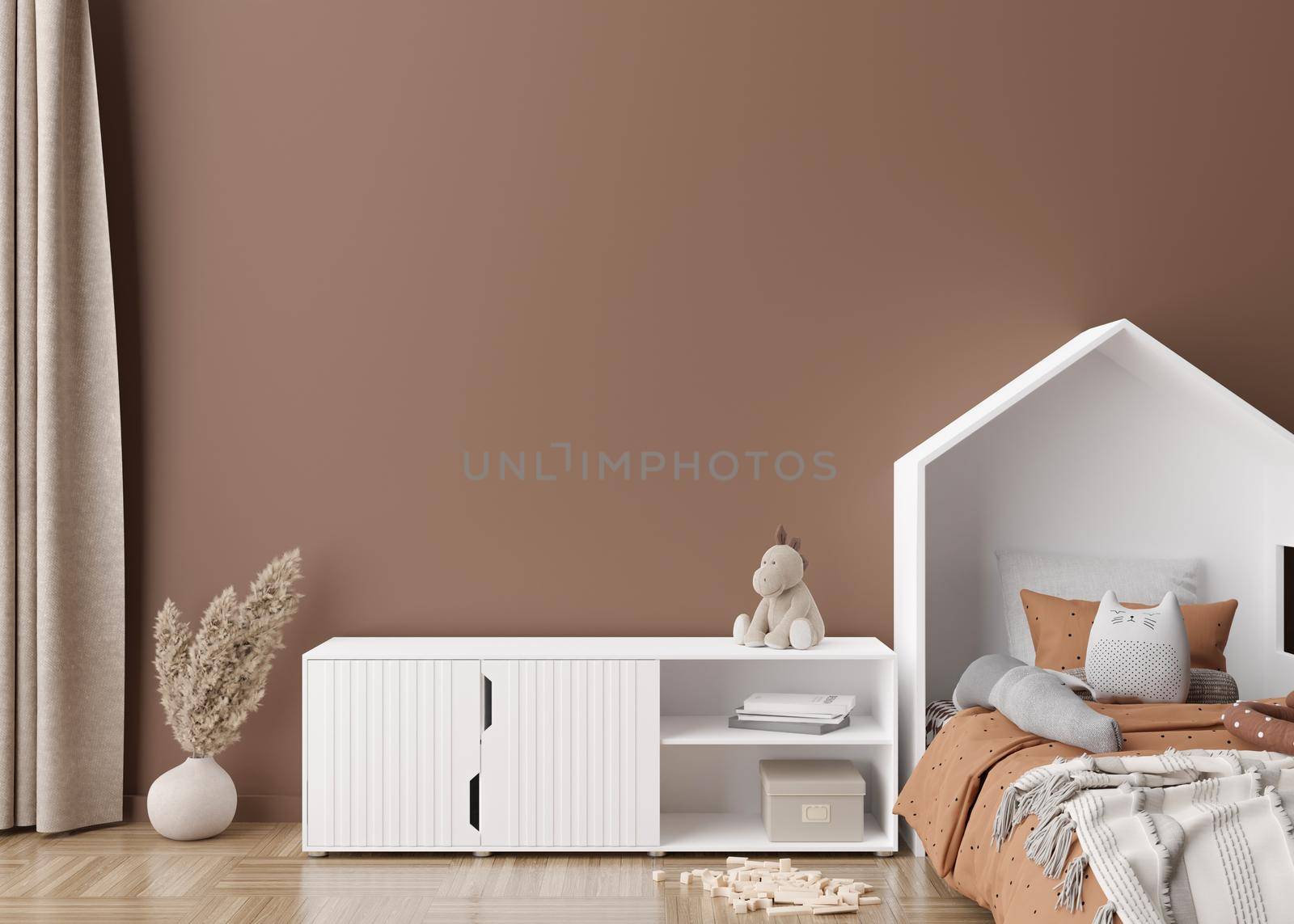 Empty brown wall in modern child room. Mock up interior in scandinavian style. Copy space for your picture or poster. Bed, sideboard, pampas grass, toys. Cozy room for kids. 3D rendering