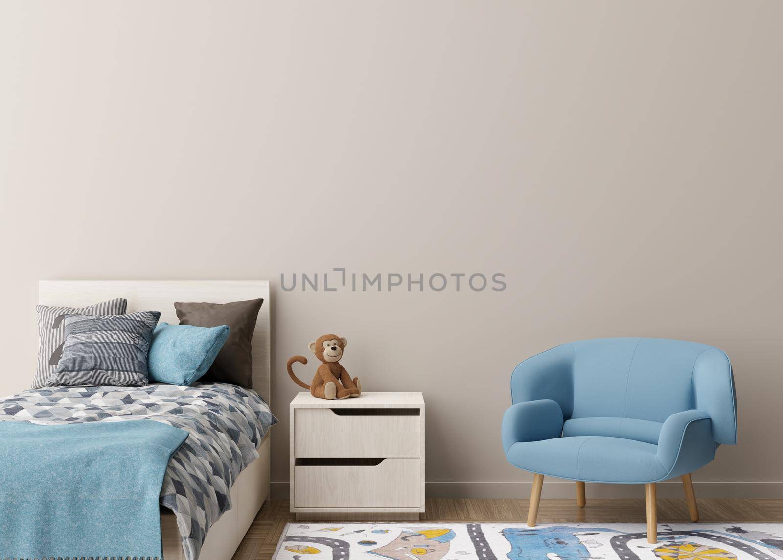 Empty cream wall in modern child room. Mock up interior in scandinavian style. Copy space for your picture or poster. Bed, armchair, toy. Cozy room for kids. 3D rendering