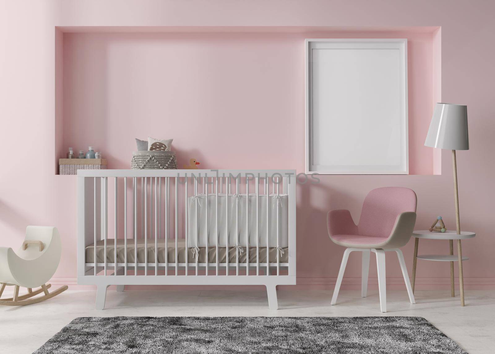 Empty vertical picture frame on pink wall in modern child room. Mock up interior in scandinavian style. Free, copy space for your picture, poster. Bed, toys. Cozy room for kids. 3D rendering